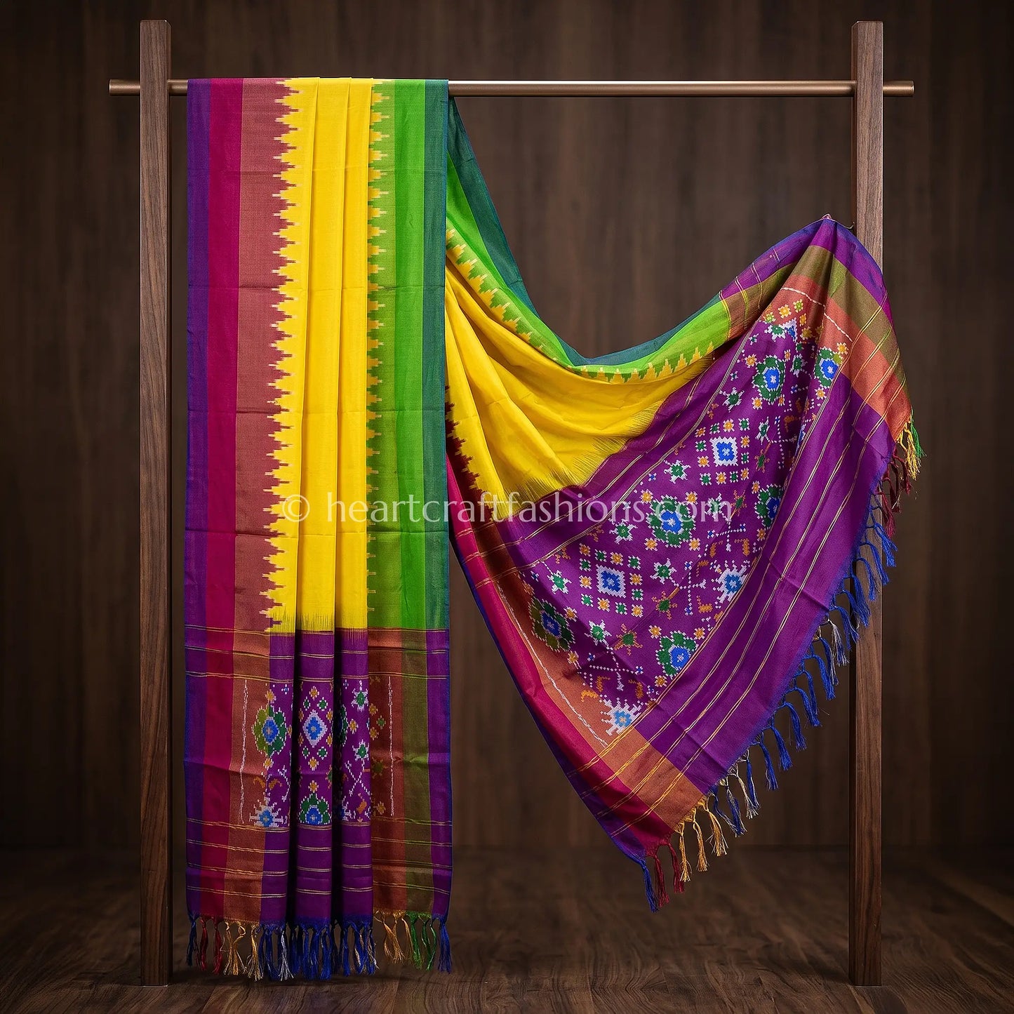 Yellow Patola Silk Dupatta With Ganga-Yamuna Temple Border