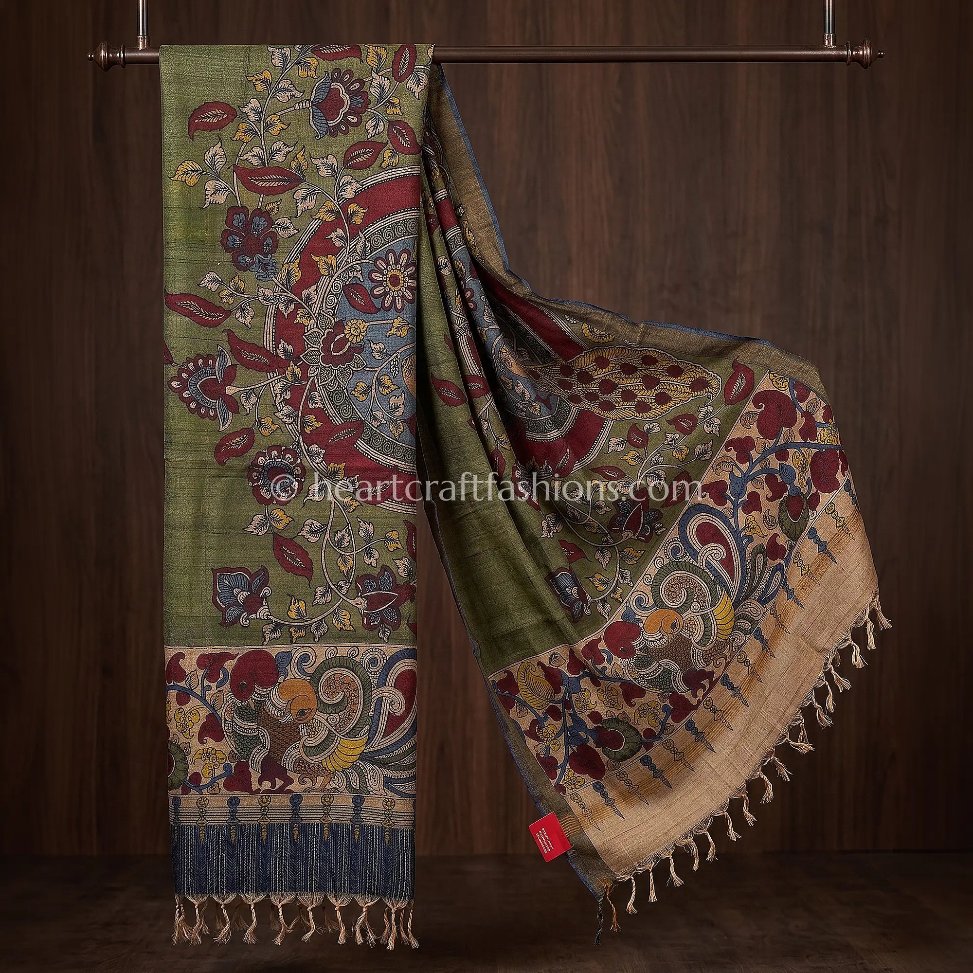 Olive Green Tusser Kalamkari Peacock Circle Dupatta