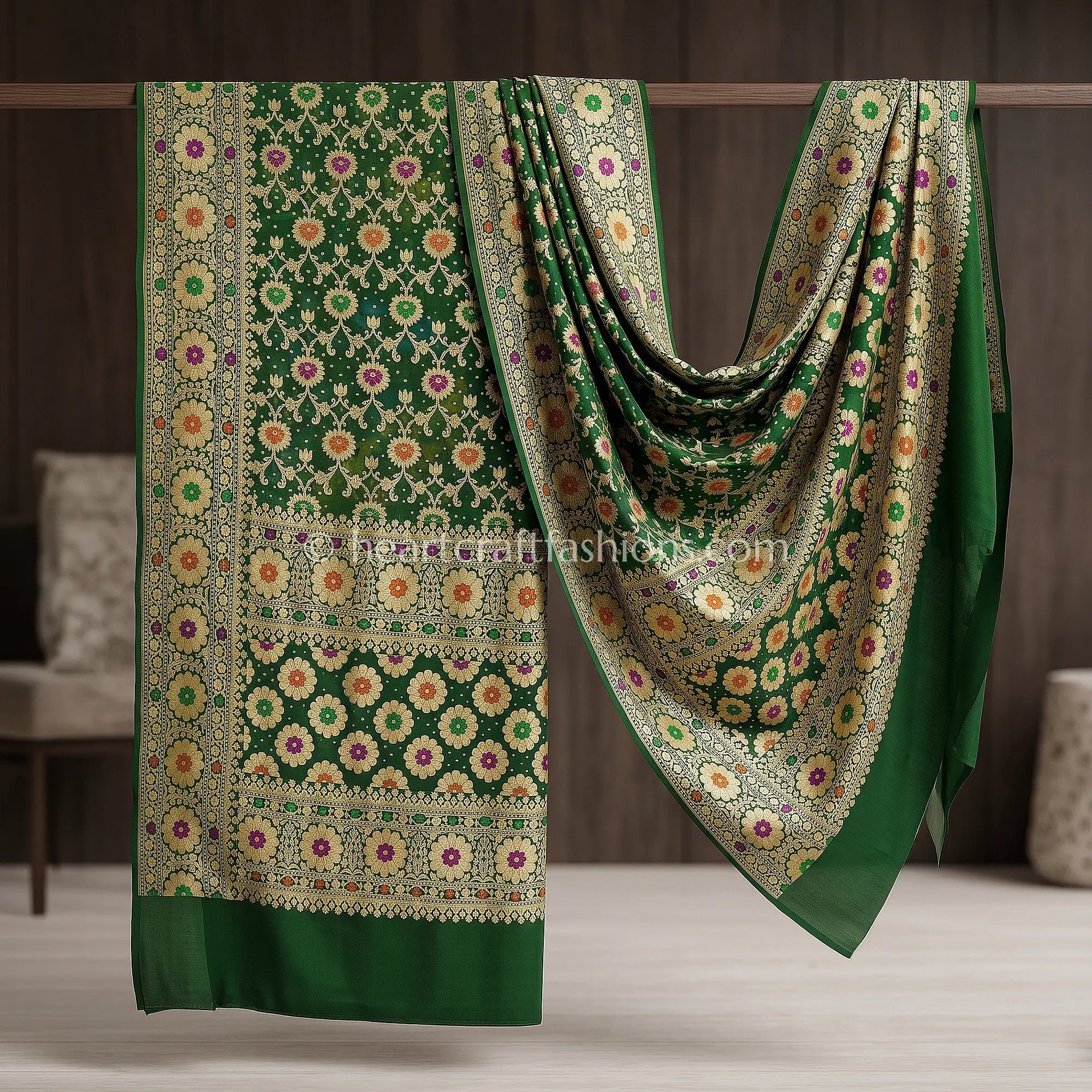 Bottle Green Khadi Georgette Meenakari Dupatta