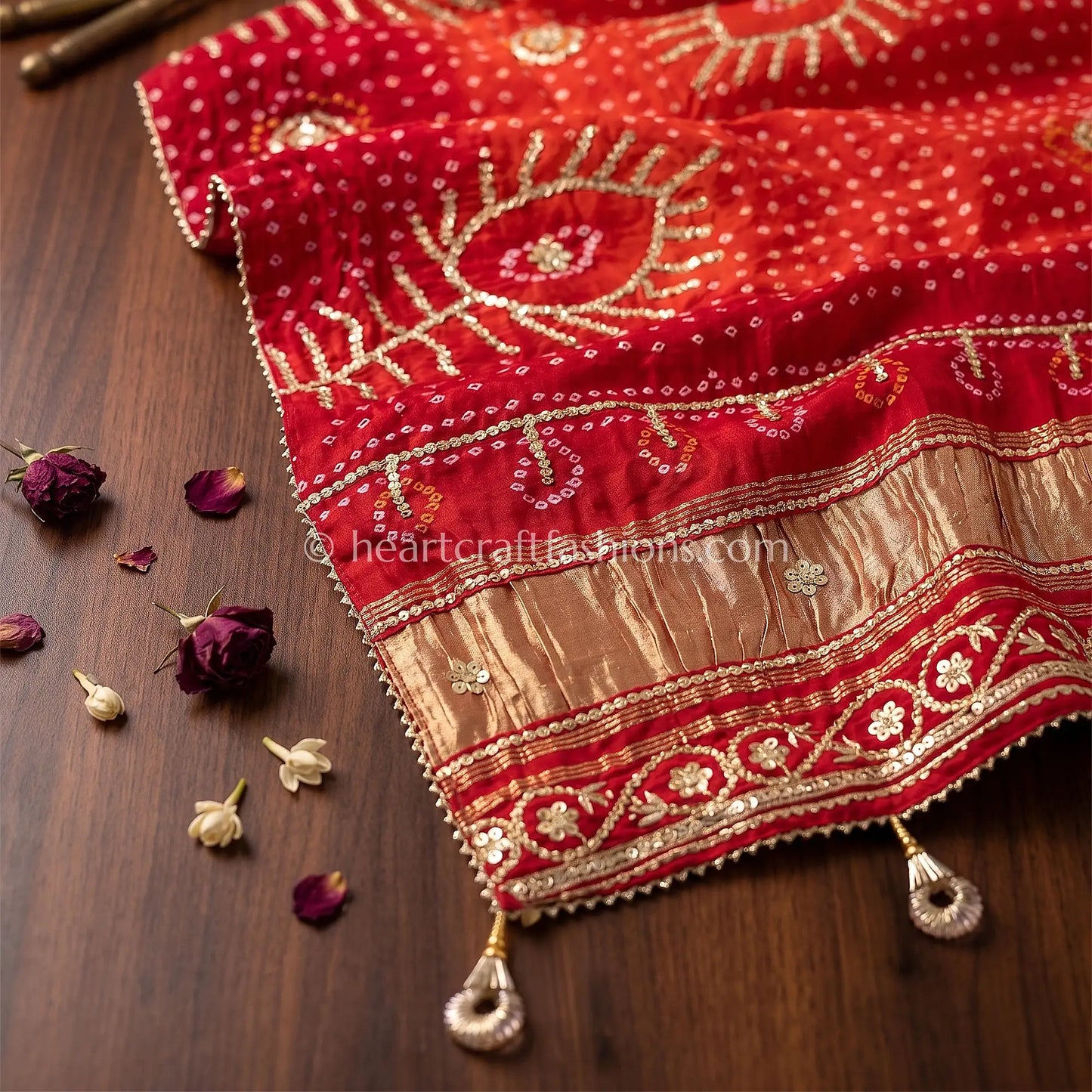 Red Orange Chundari Pure Gajji Silk Bandhej Handwork Gota Patti Dupatta