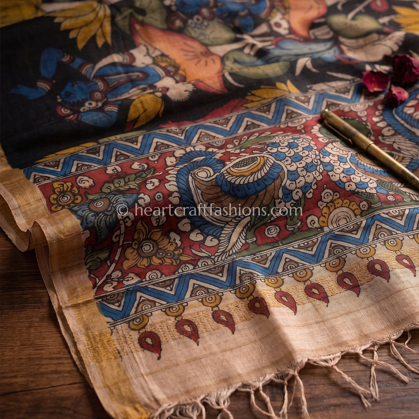 Black Tusser Kalamkari Peacock Pallu Dupatta