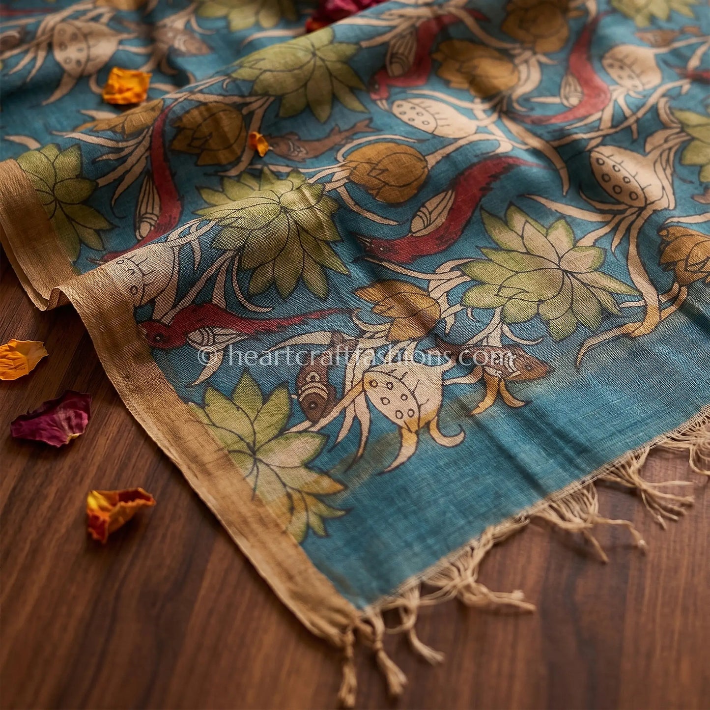 Teal Blue Tusser Kalamkari Dupatta