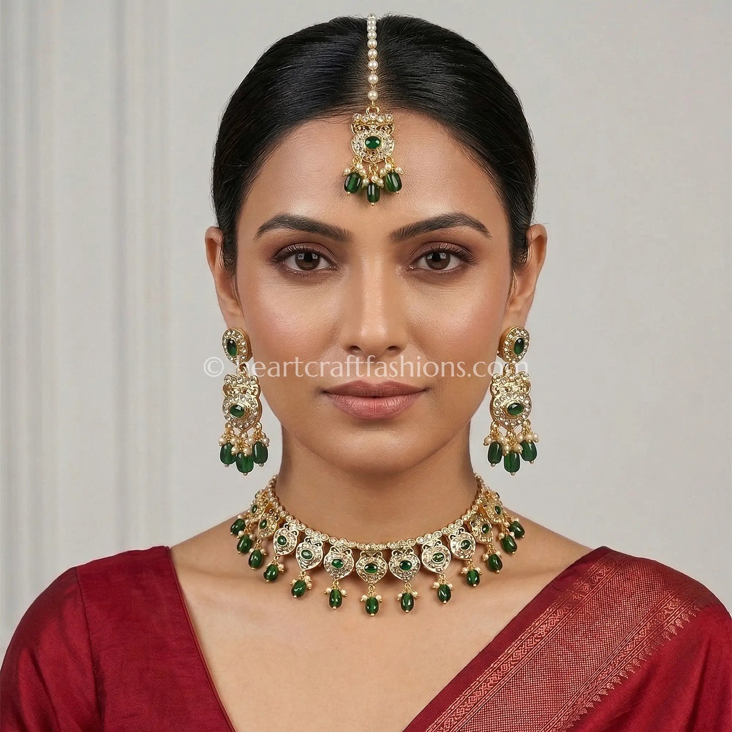 Ahmedabadi Kundan Emerald Drop Royal Choker Set