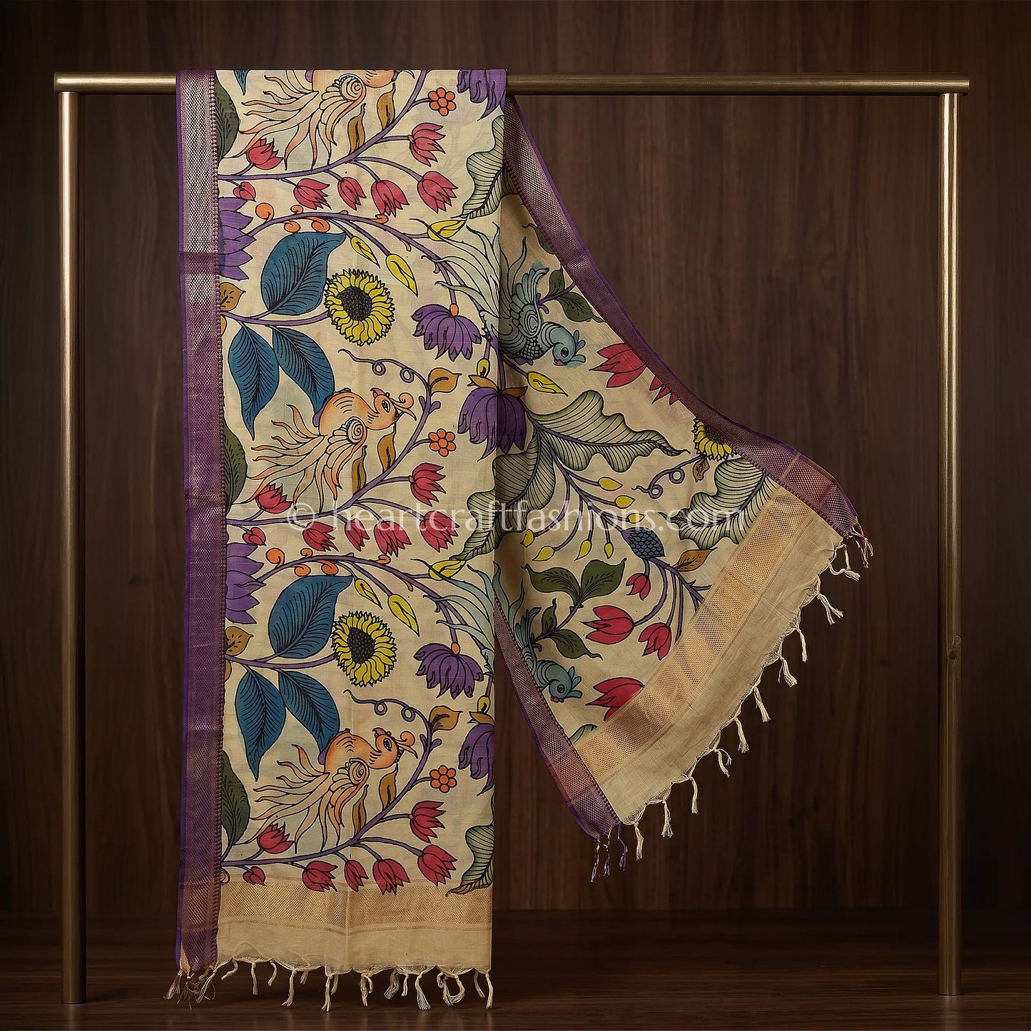 Beige Kalamkari Hand Painted Bangalore Silk Bird & Floral Dupatta