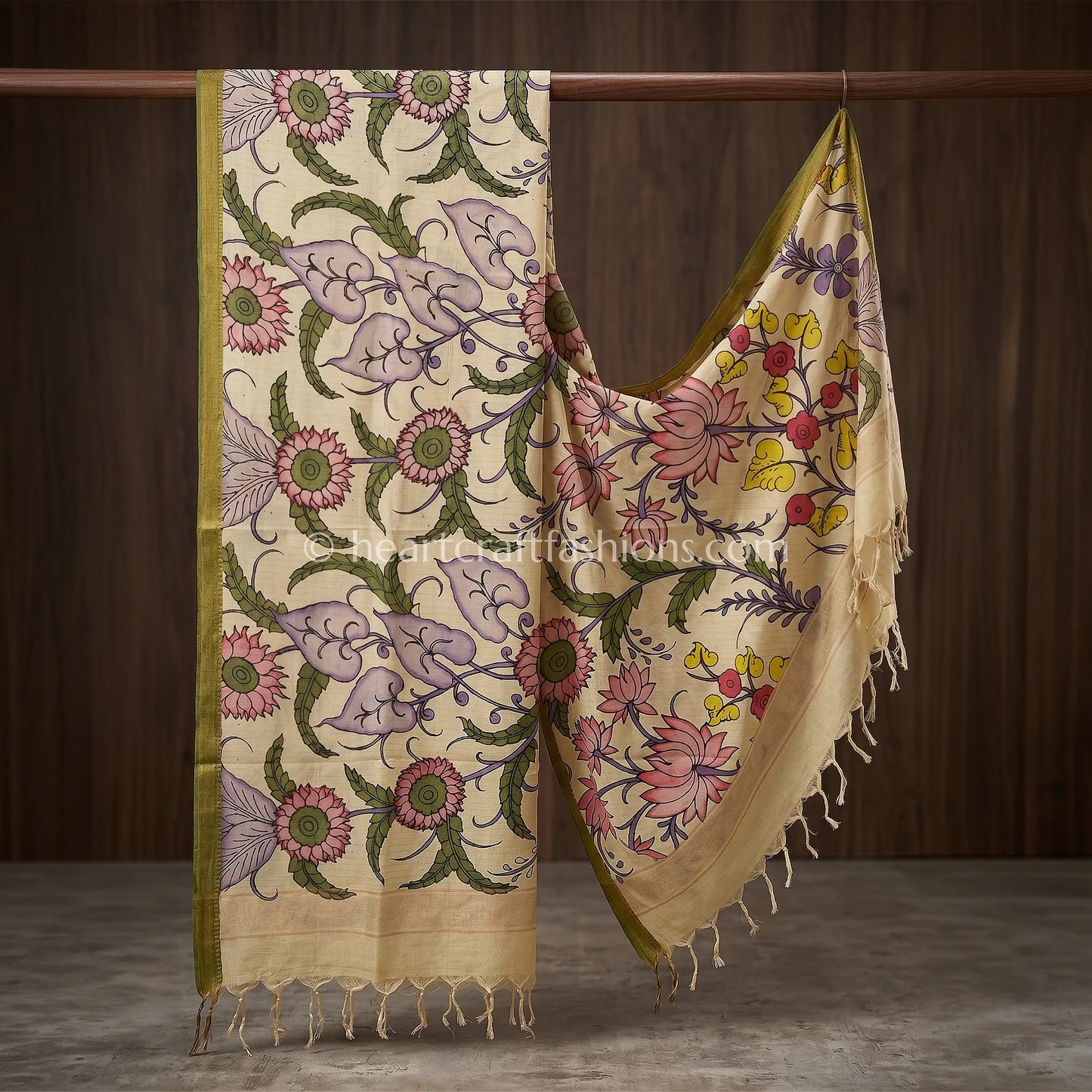 Beige Kalamkari Hand Painted Bangalore Silk Floral Garden Dupatta