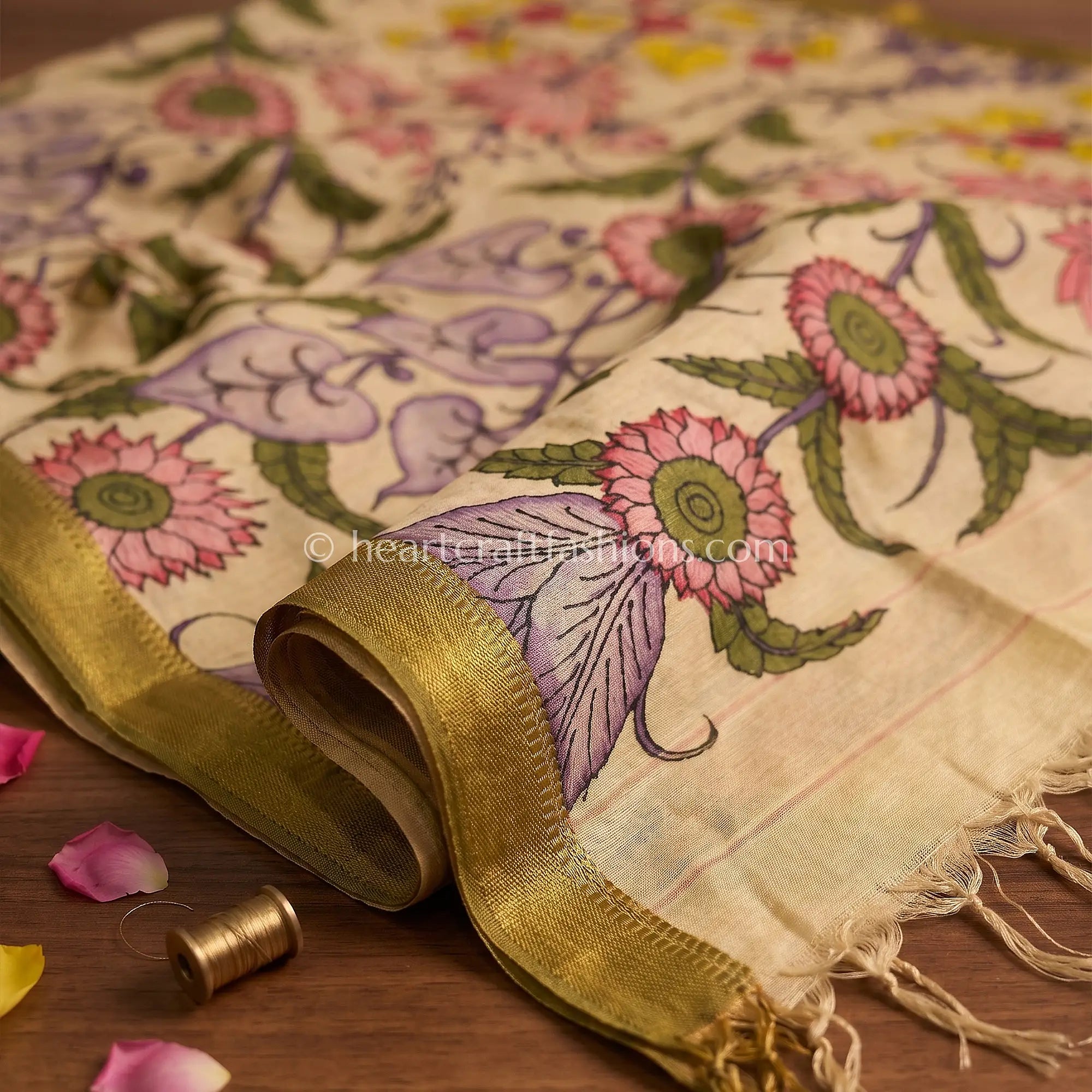 Beige Kalamkari Hand Painted Bangalore Silk Floral Garden Dupatta