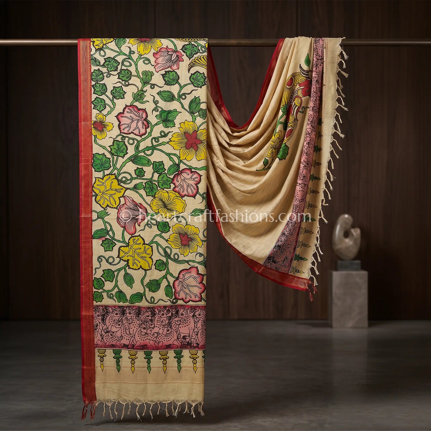Beige Kalamkari Hand Painted Bangalore Silk Peacock Vine Dupatta