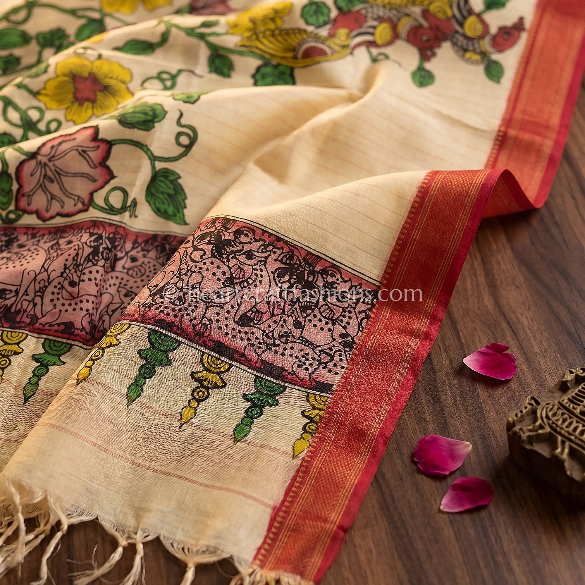 Beige Kalamkari Hand Painted Bangalore Silk Peacock Vine Dupatta