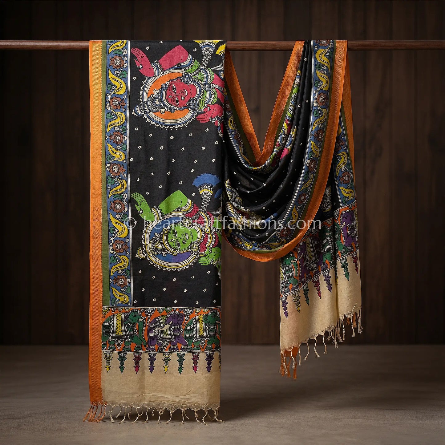 Black Kalamkari Hand Painted Bangalore Silk Traditional Theme Dupatta