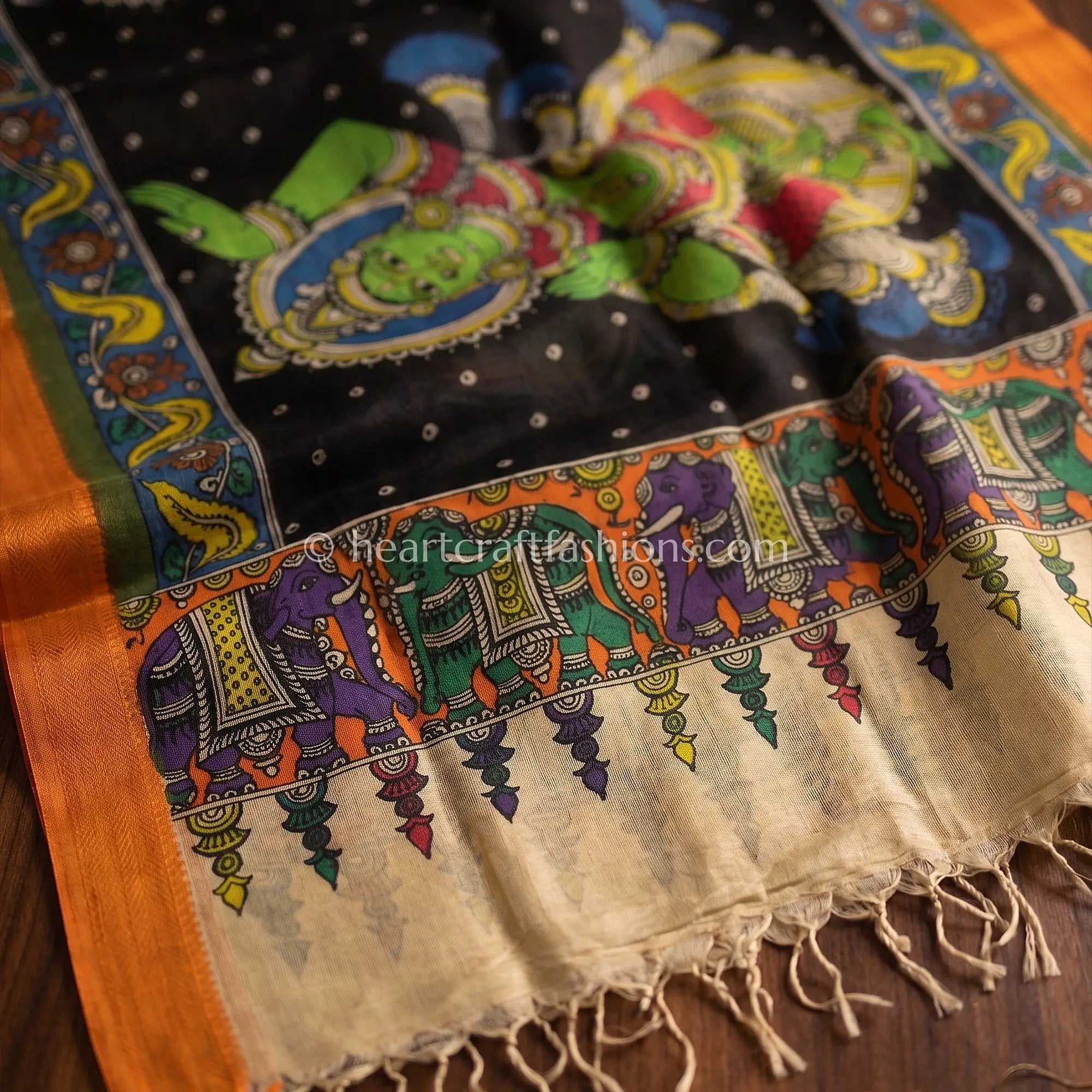 Black Kalamkari Hand Painted Bangalore Silk Traditional Theme Dupatta