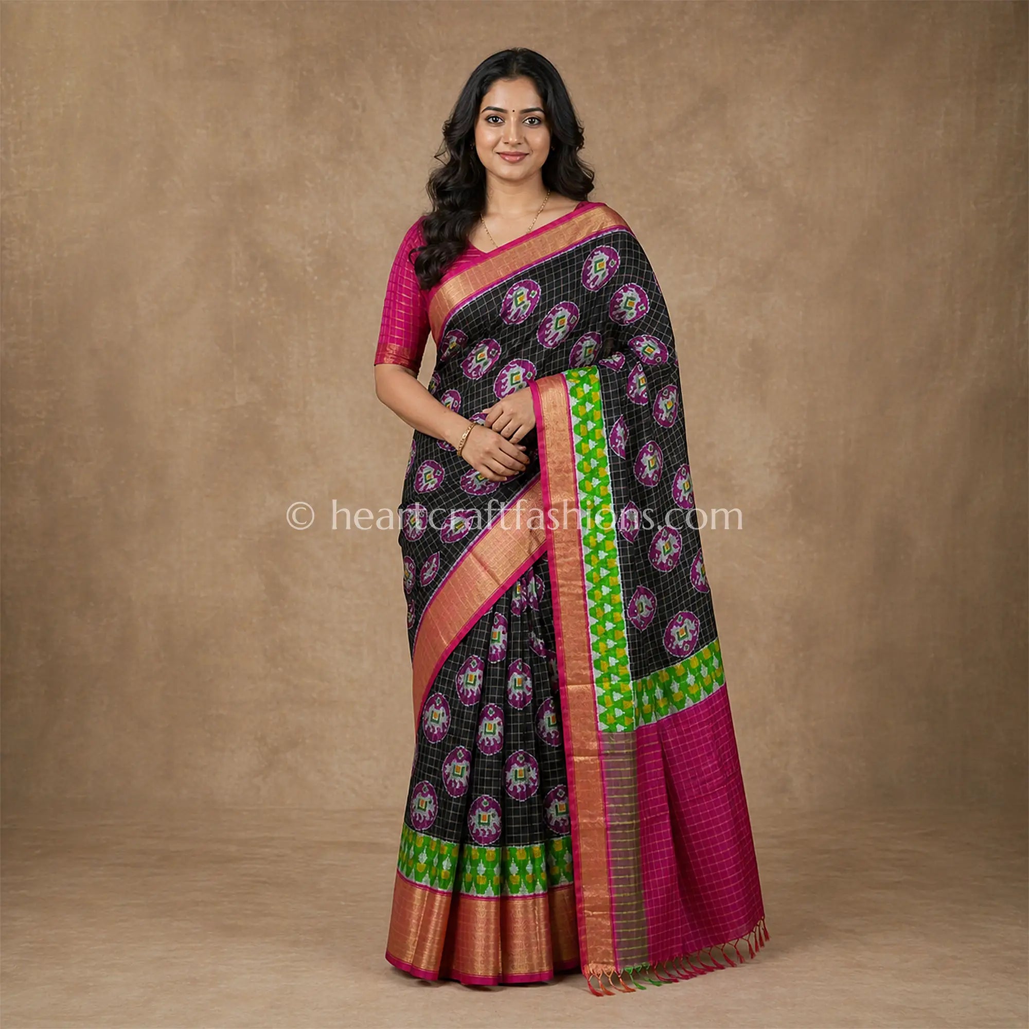 Black & Rani Pink Pochampally Patola Silk Saree