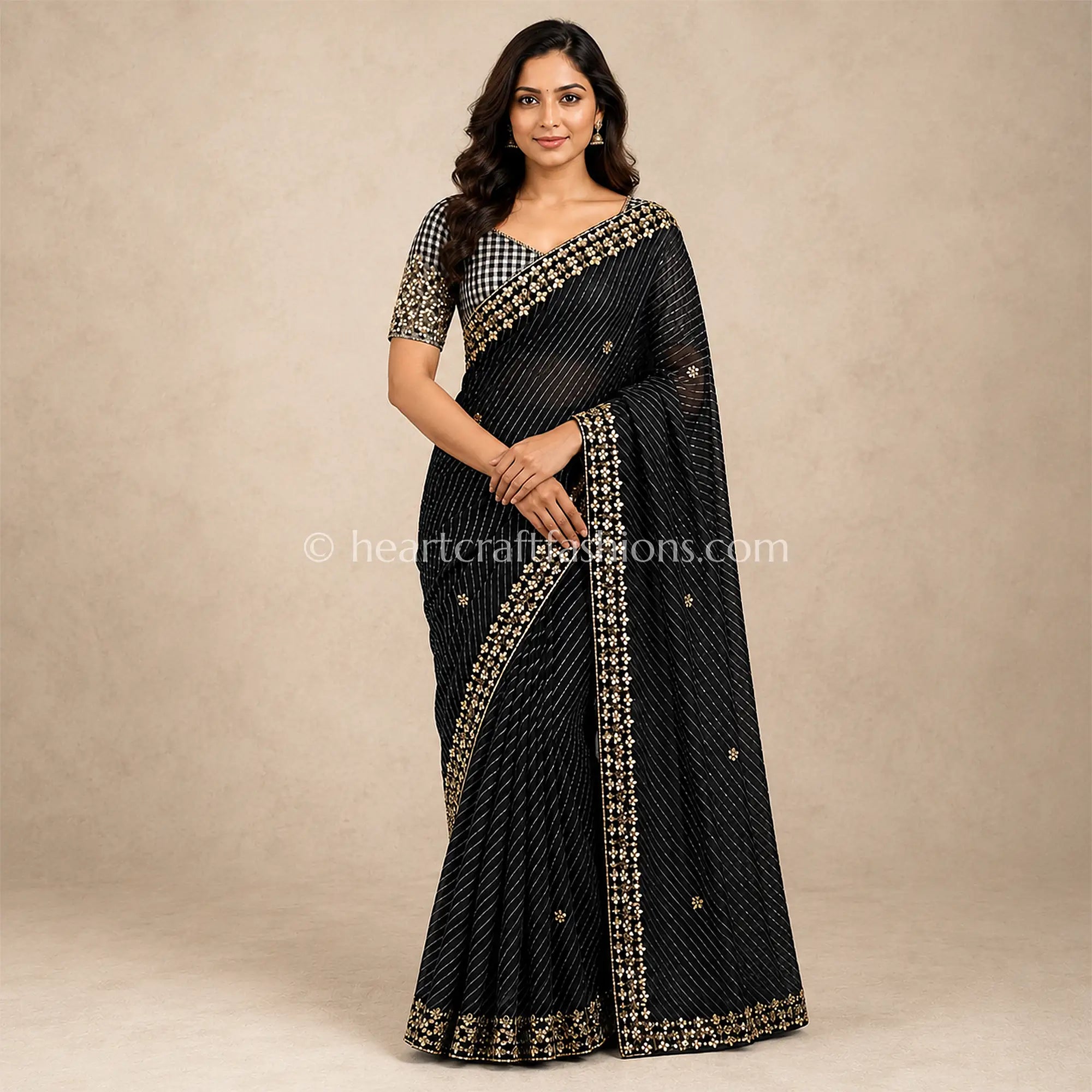 Black & White Lehariya Kora Silk Kacchi Patti Gota Handwork Saree