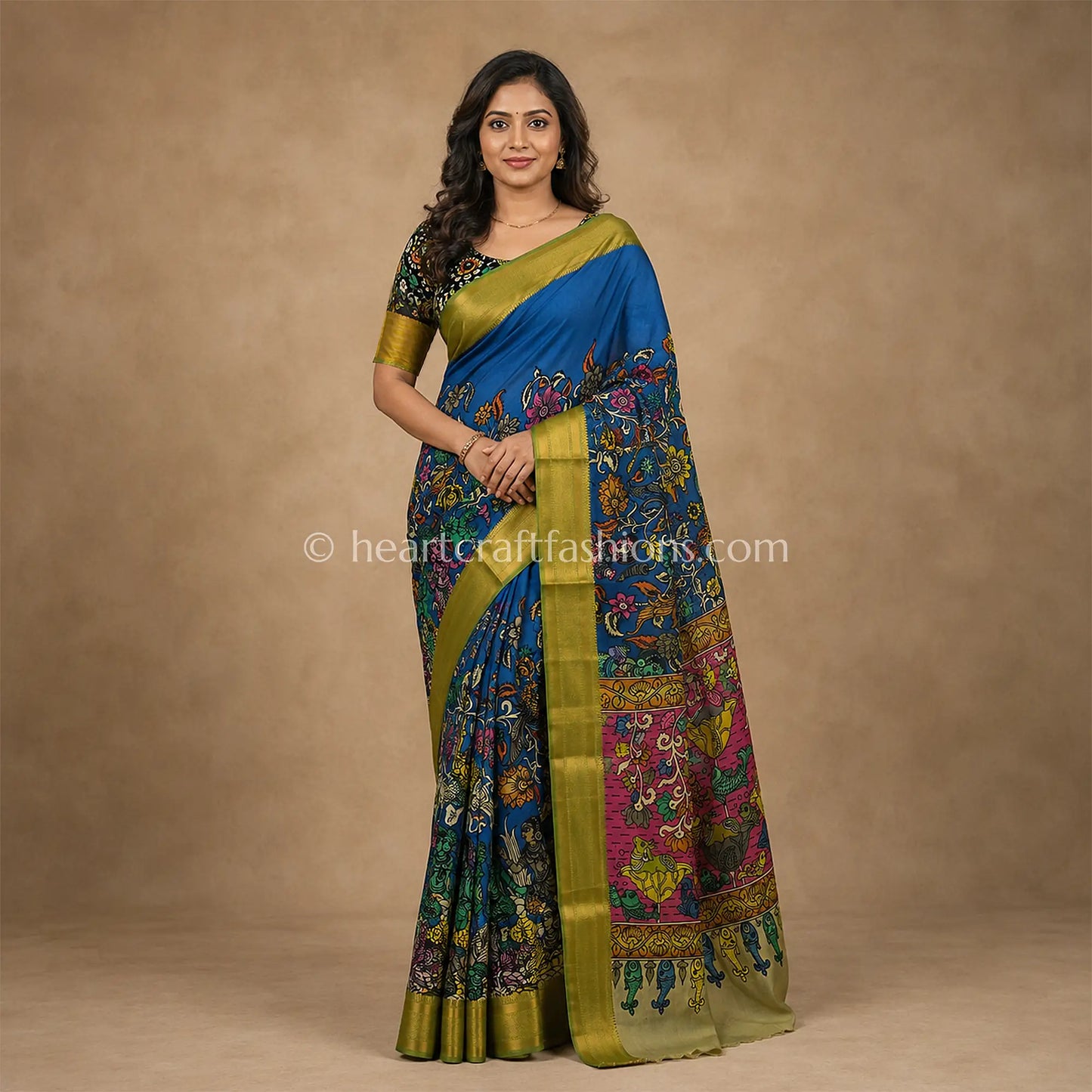 Blue & Magenta Multicolor Kalamkari Bangalore Silk Saree