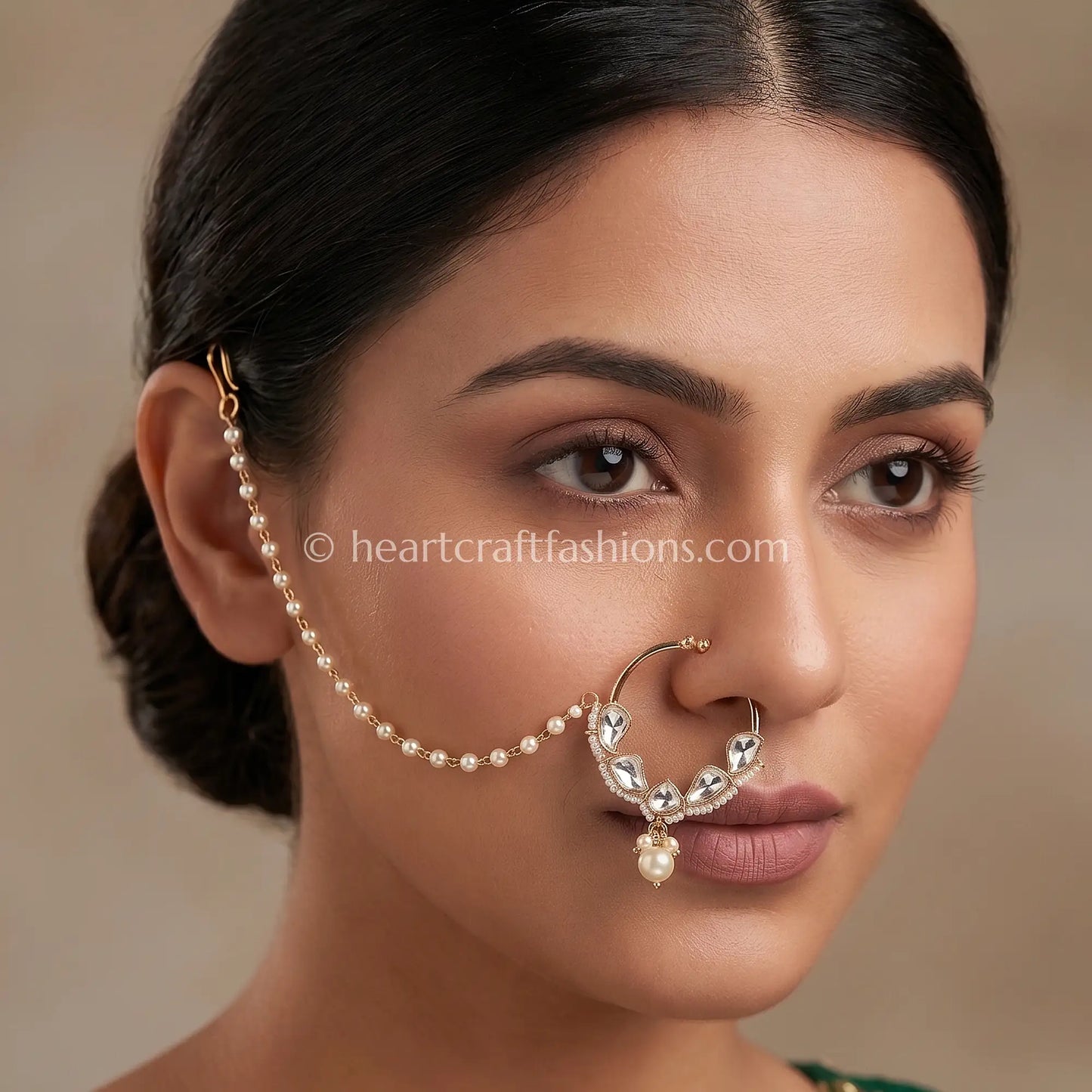 Crescent Teardrop Sunehri Kundan Ring Nath