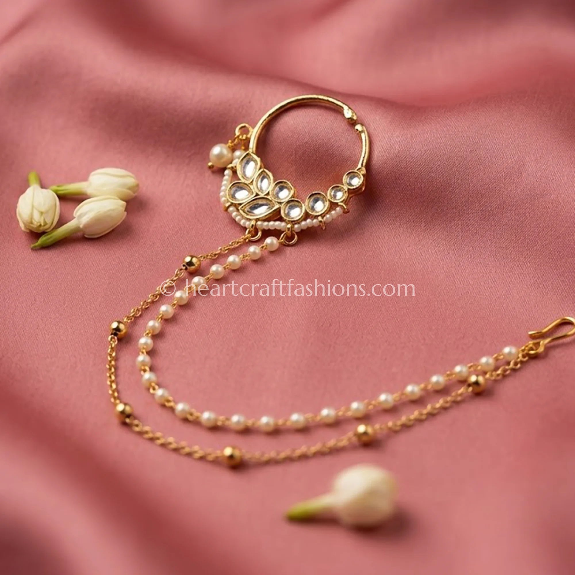 Delicate Polki Pearl Double Chain Nath