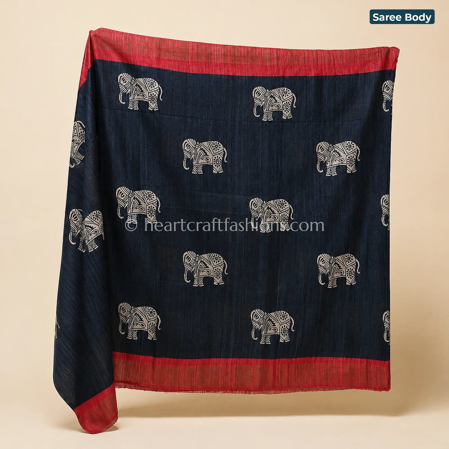 Desi Tusser Black Red Elephant Motif Saree
