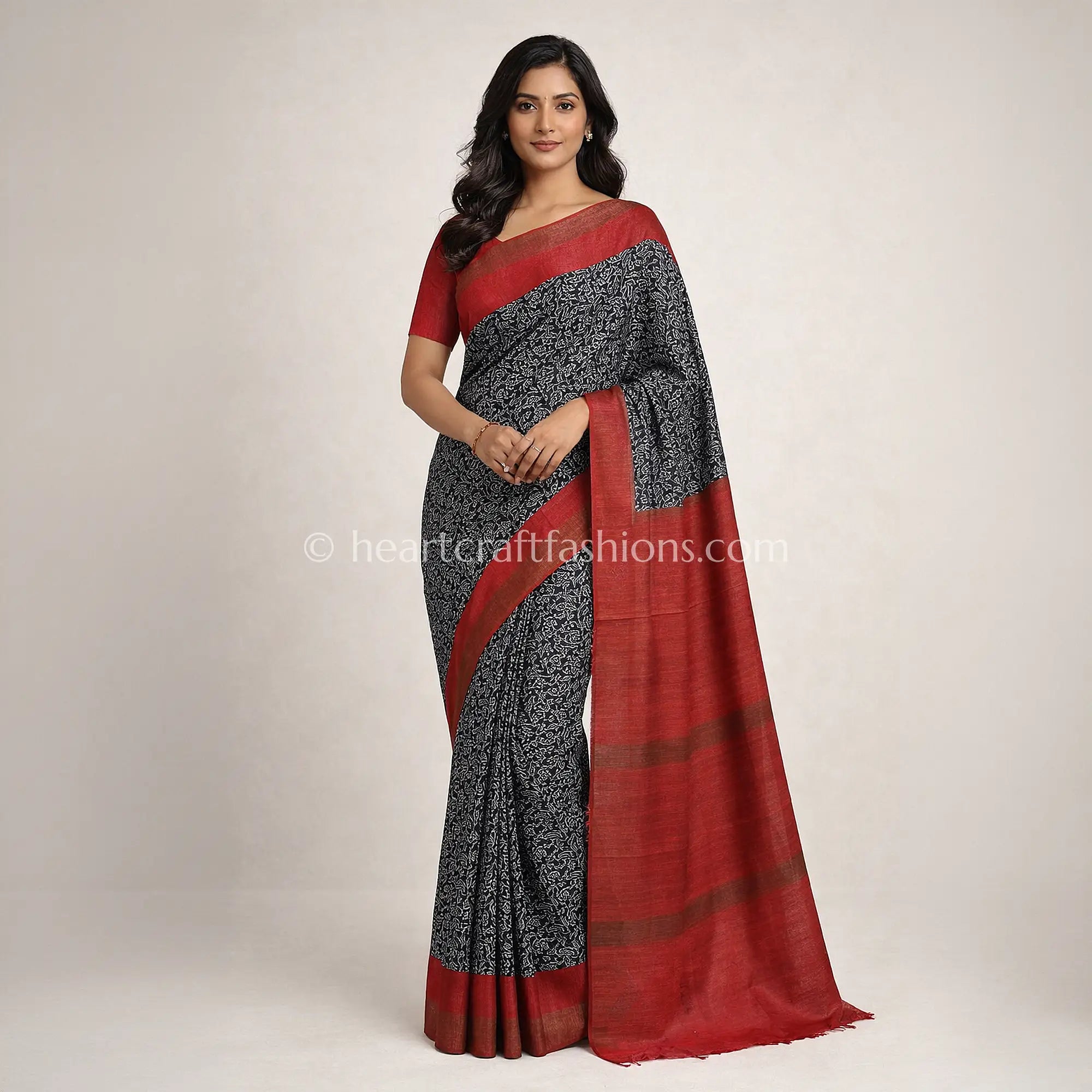 Desi Tusser Red Black Paisley Art Saree