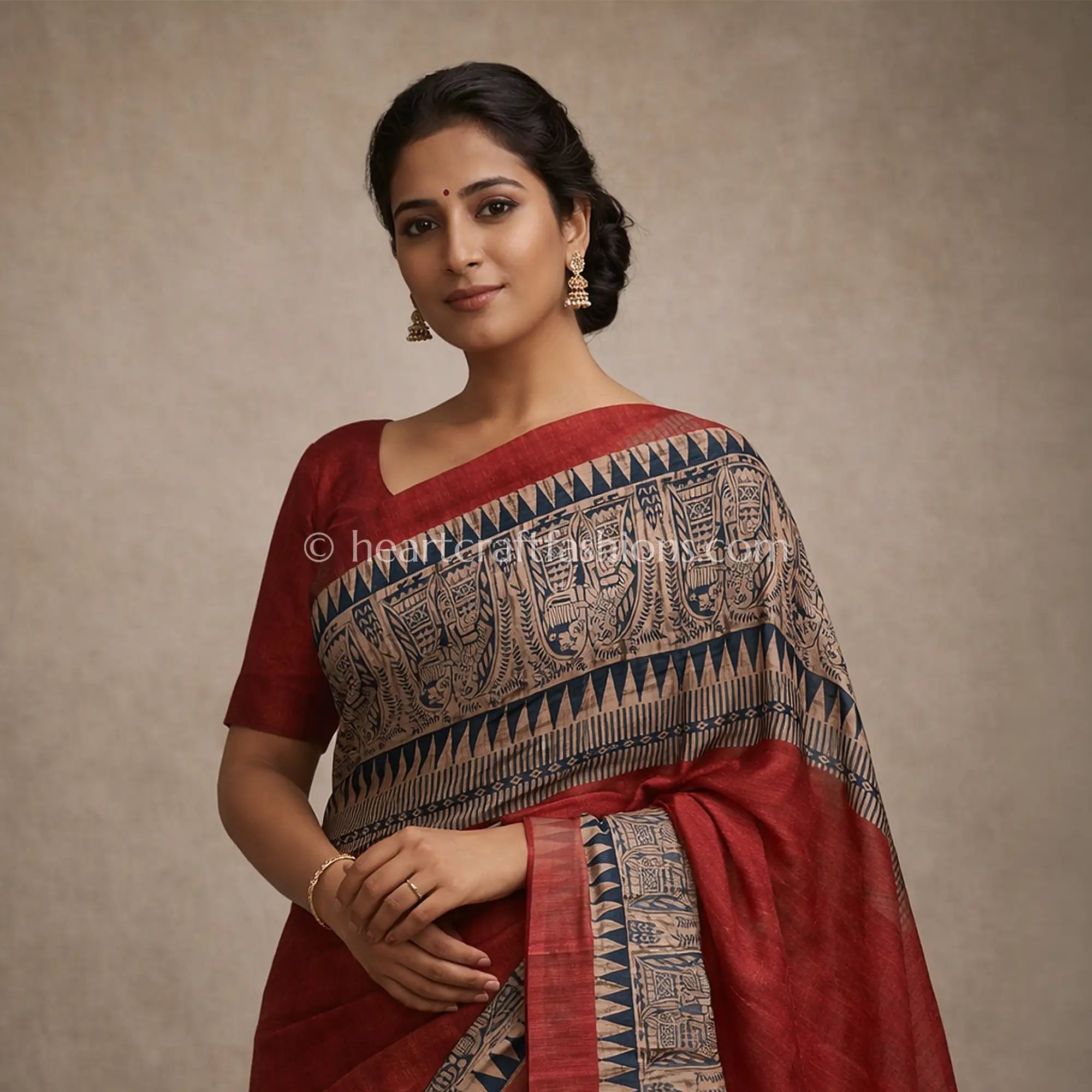 Desi Tusser Red Madhubani Art Saree