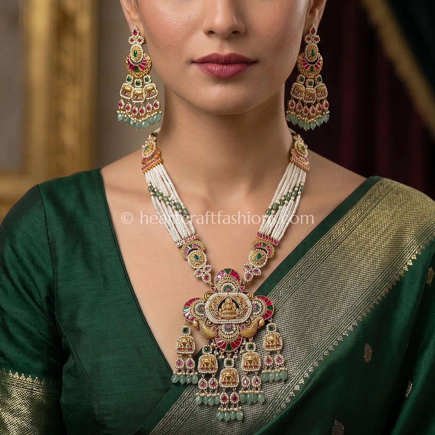 Divine Lakshmi Temple Multi-Strand Pearl Long Necklace Set