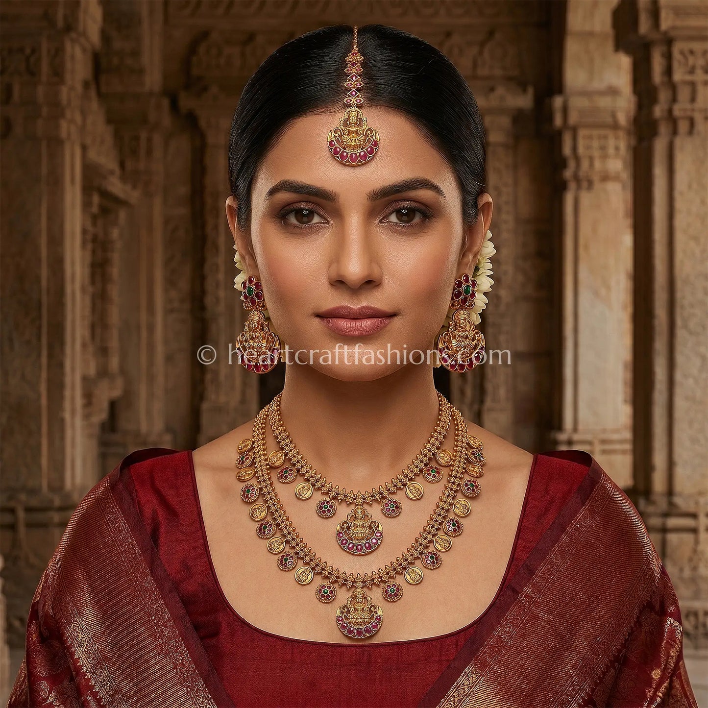 Divine Lakshmi Matte Gold Layered Kasu Mala Temple Jewellery Set