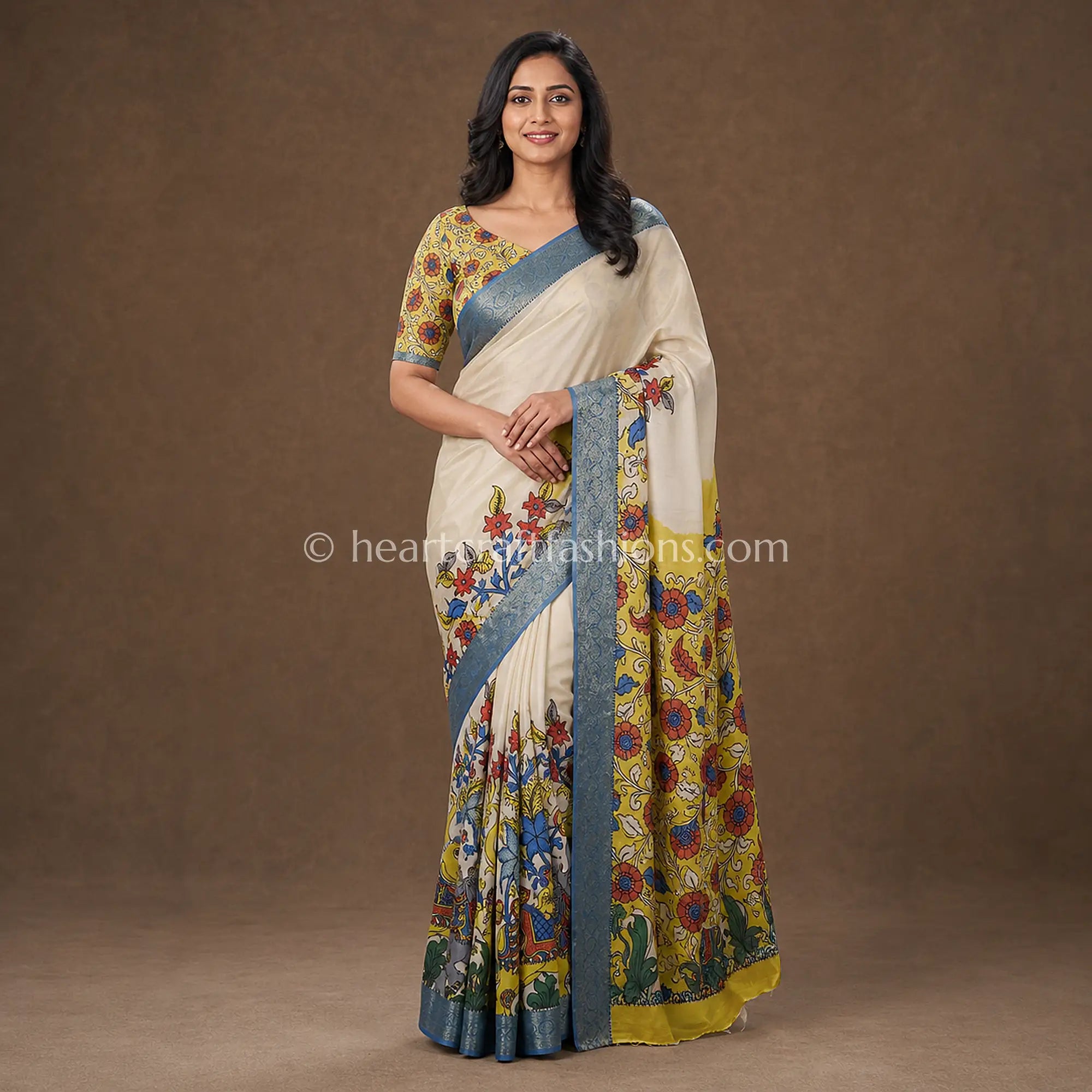 Elegant Floral Kalamkari Crepe Saree