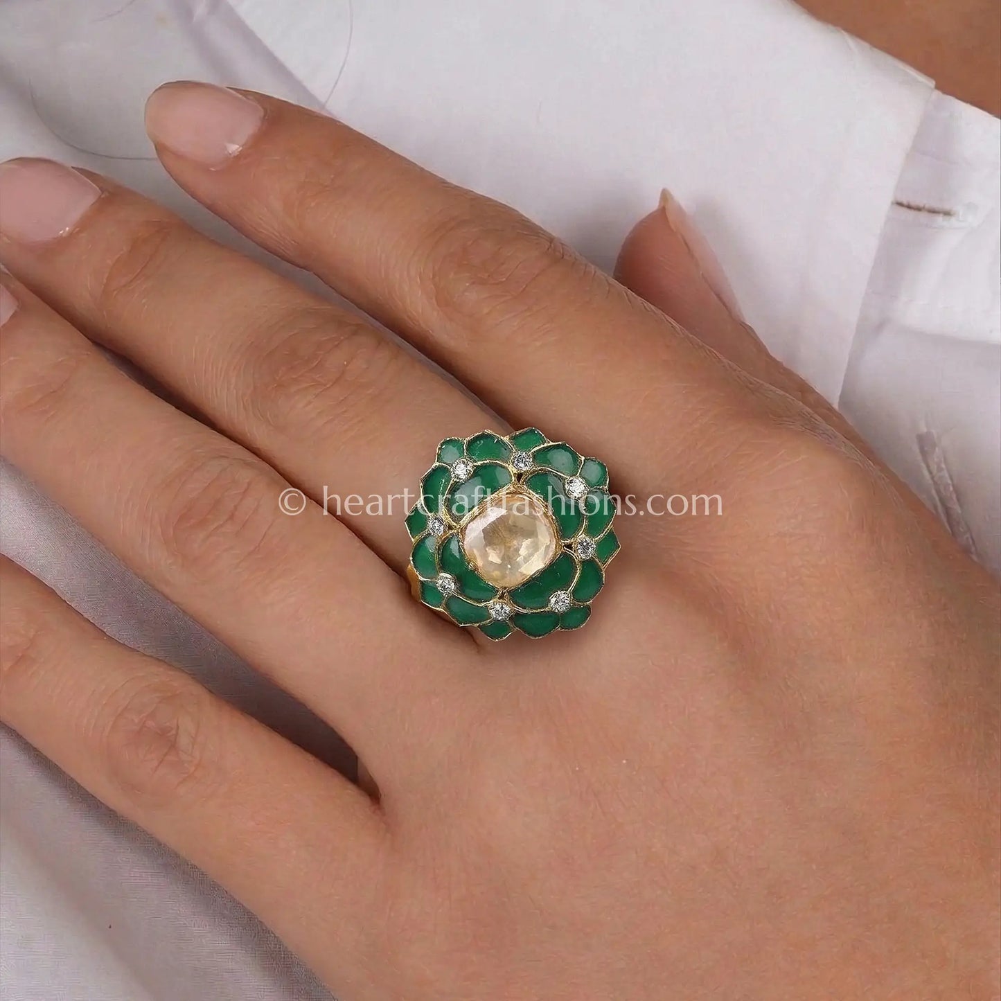 Emerald Bloom Moissanite Polki Ring