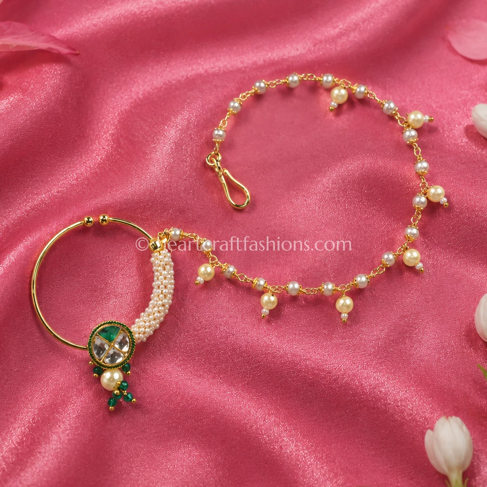 Emerald Core Sunehri Kundan Ring Nath with Pearl Fringe Chain