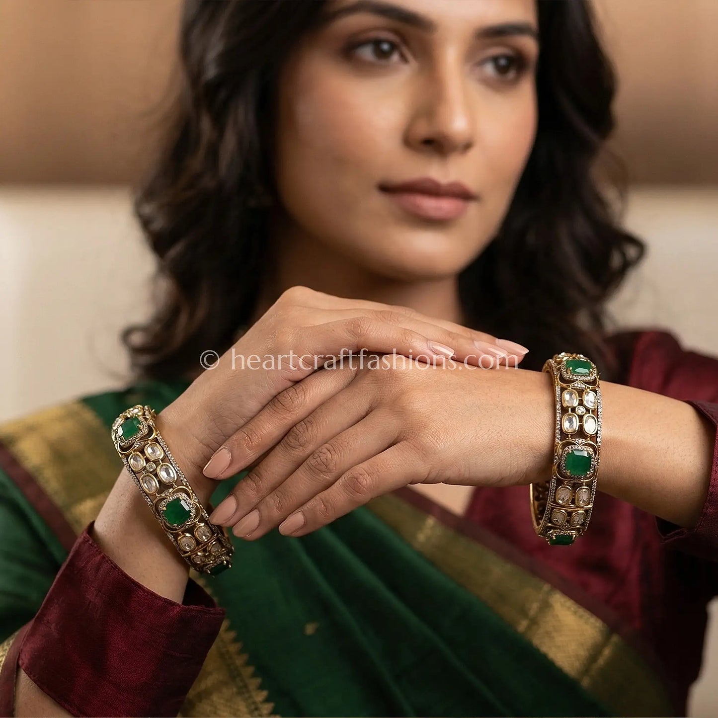 Emerald Doublet Sunehri Kundan Bangles