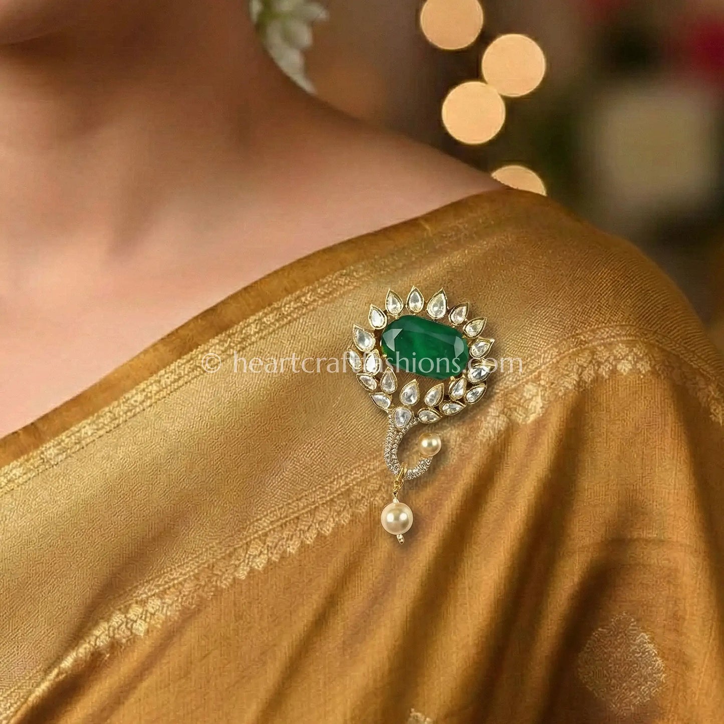 Emerald Elegance Kundan Pearl brooch