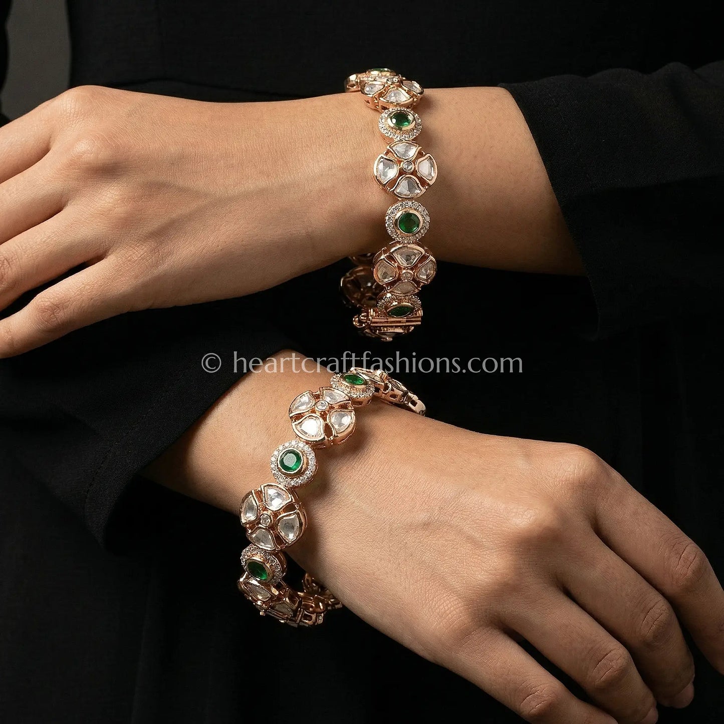 Emerald Floral Sunehri Kundan Sleek Bangles