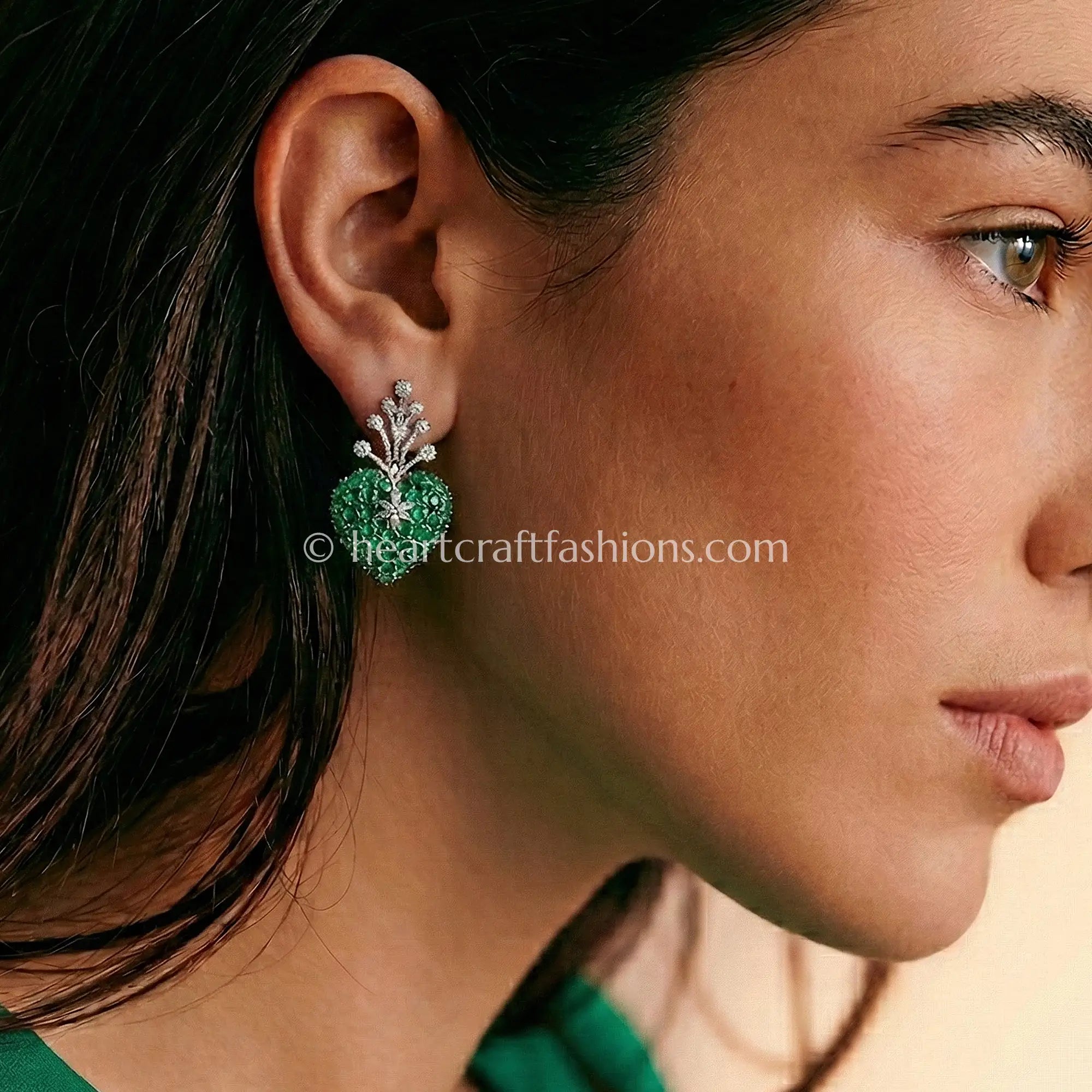 Emerald Green Crystal Heart Drop Earrings