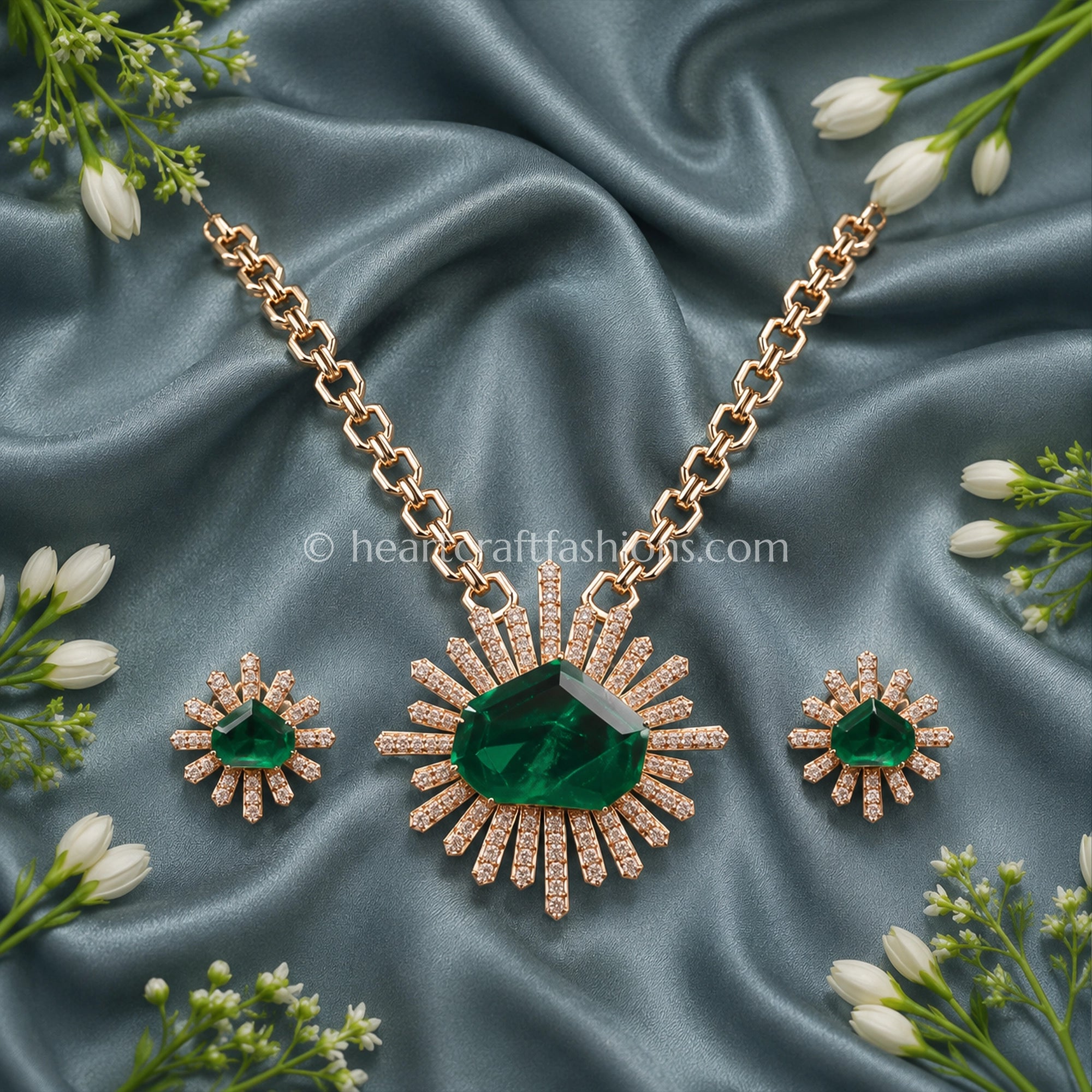 Emerald Green Designer Celebrity Doublet Statement Necklace Set