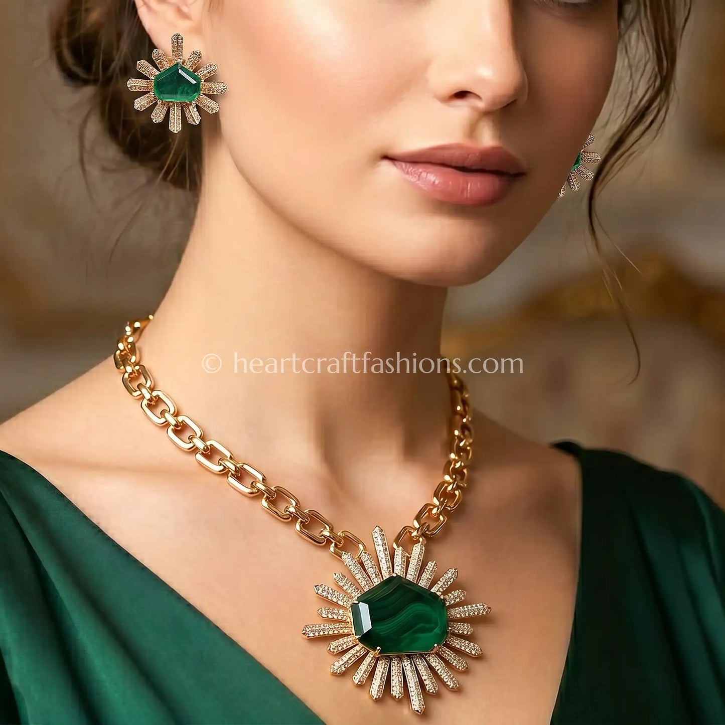 Emerald Green Designer Celebrity Doublet Statement Necklace Set