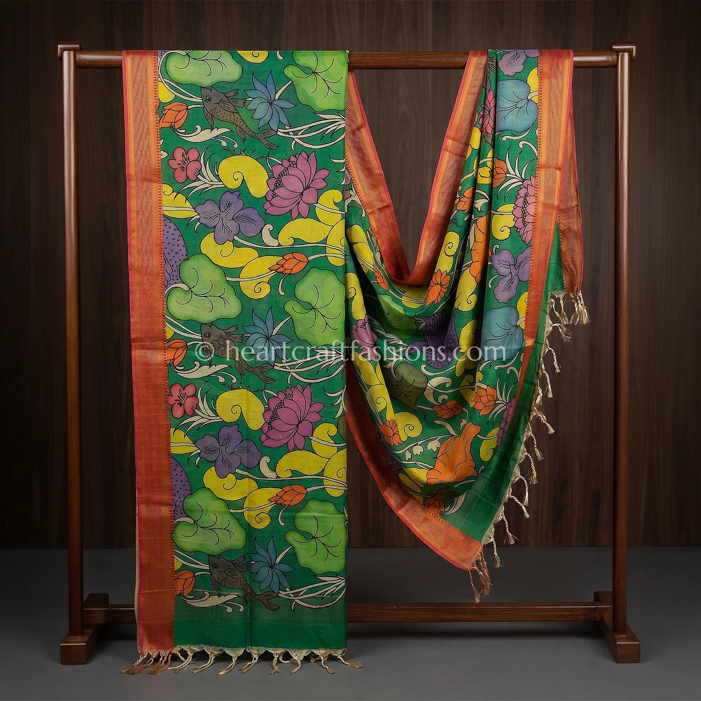 Emerald Green Kalamkari Hand Painted Bangalore Silk Bird & Lotus Theme Dupatta