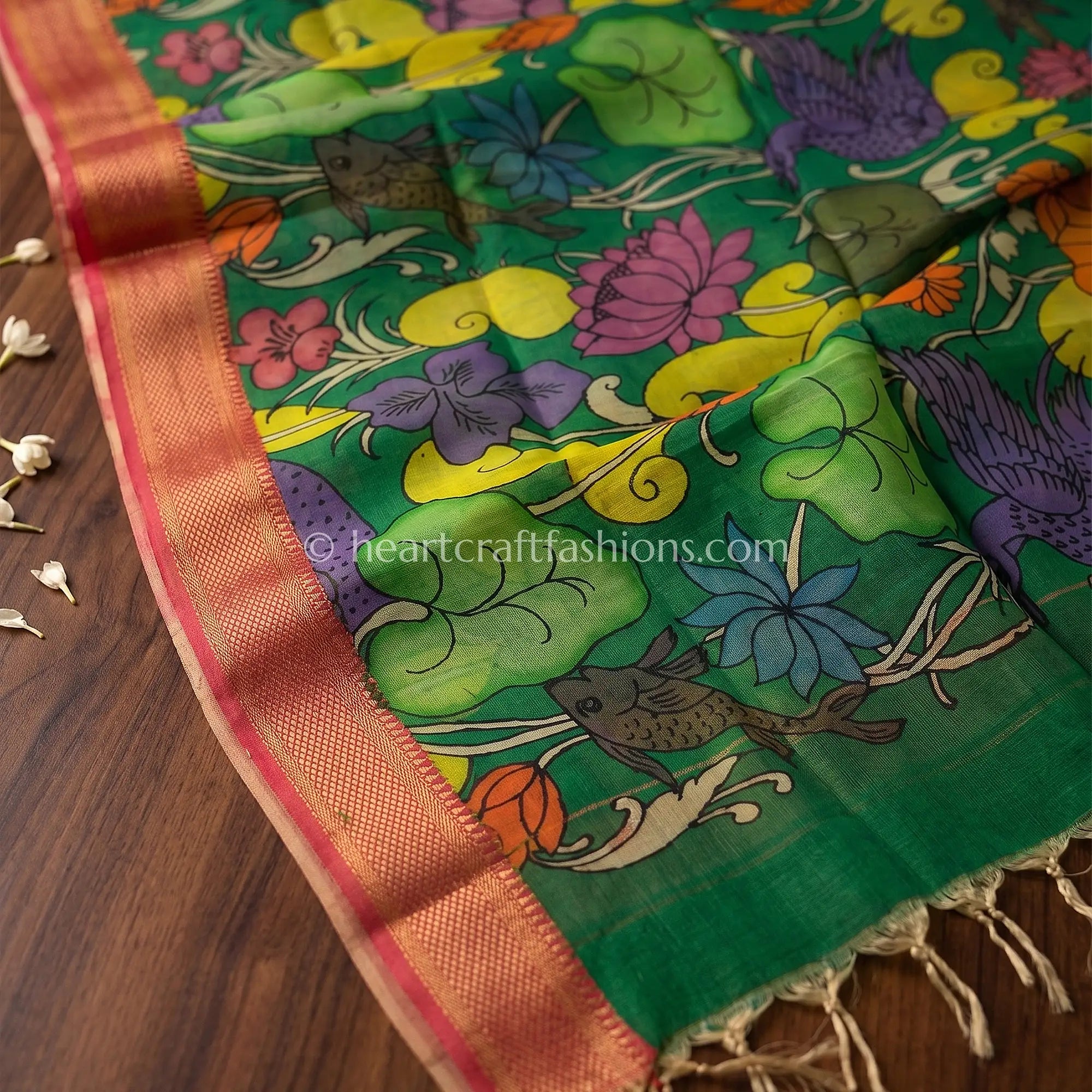 Emerald Green Kalamkari Hand Painted Bangalore Silk Bird & Lotus Theme Dupatta