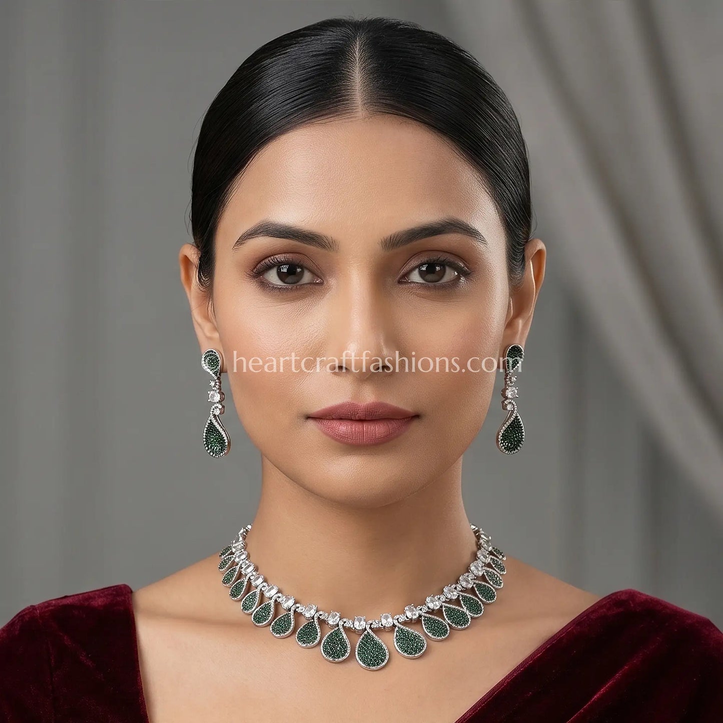 Emerald Green Pave Teardrop Fringe Necklace Set