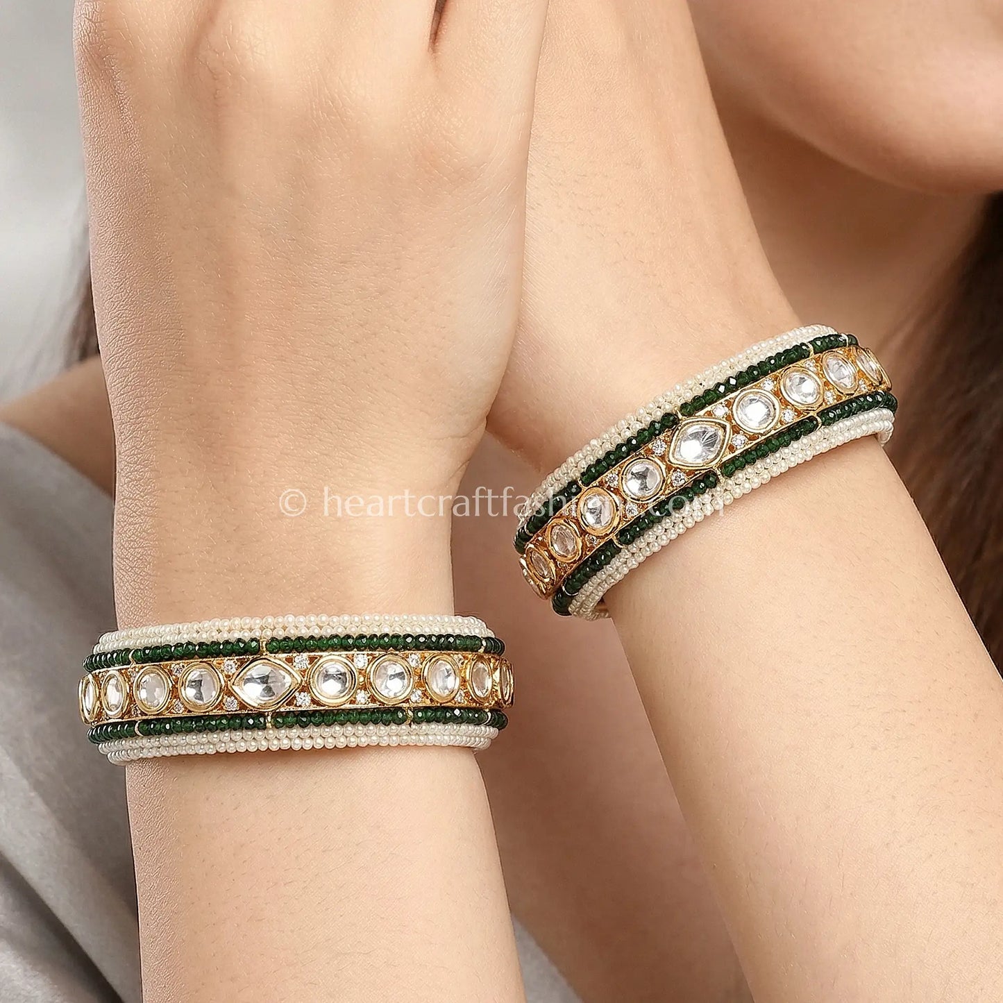 Emerald Green Sunehri Kundan Pearl Bangles