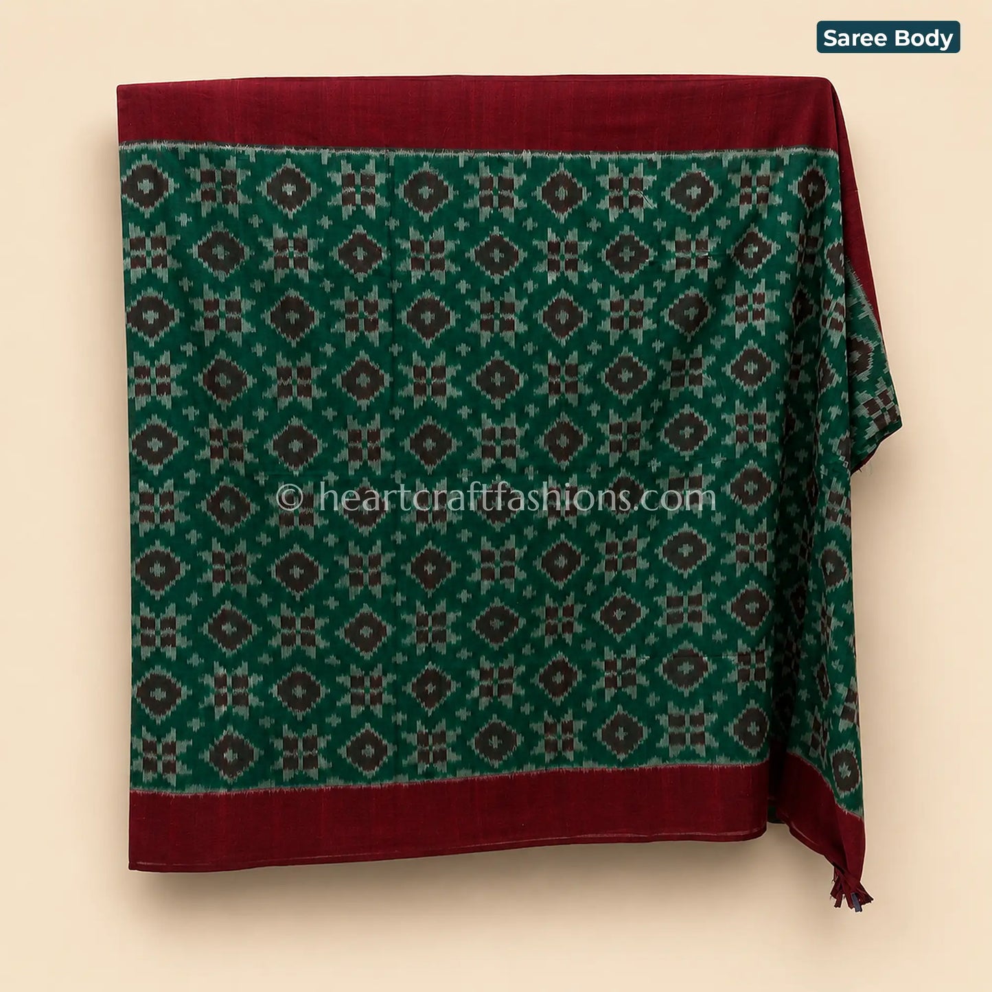 Emerald Green & Deep Maroon Telia Rumal Ikat Mercerized Cotton Saree