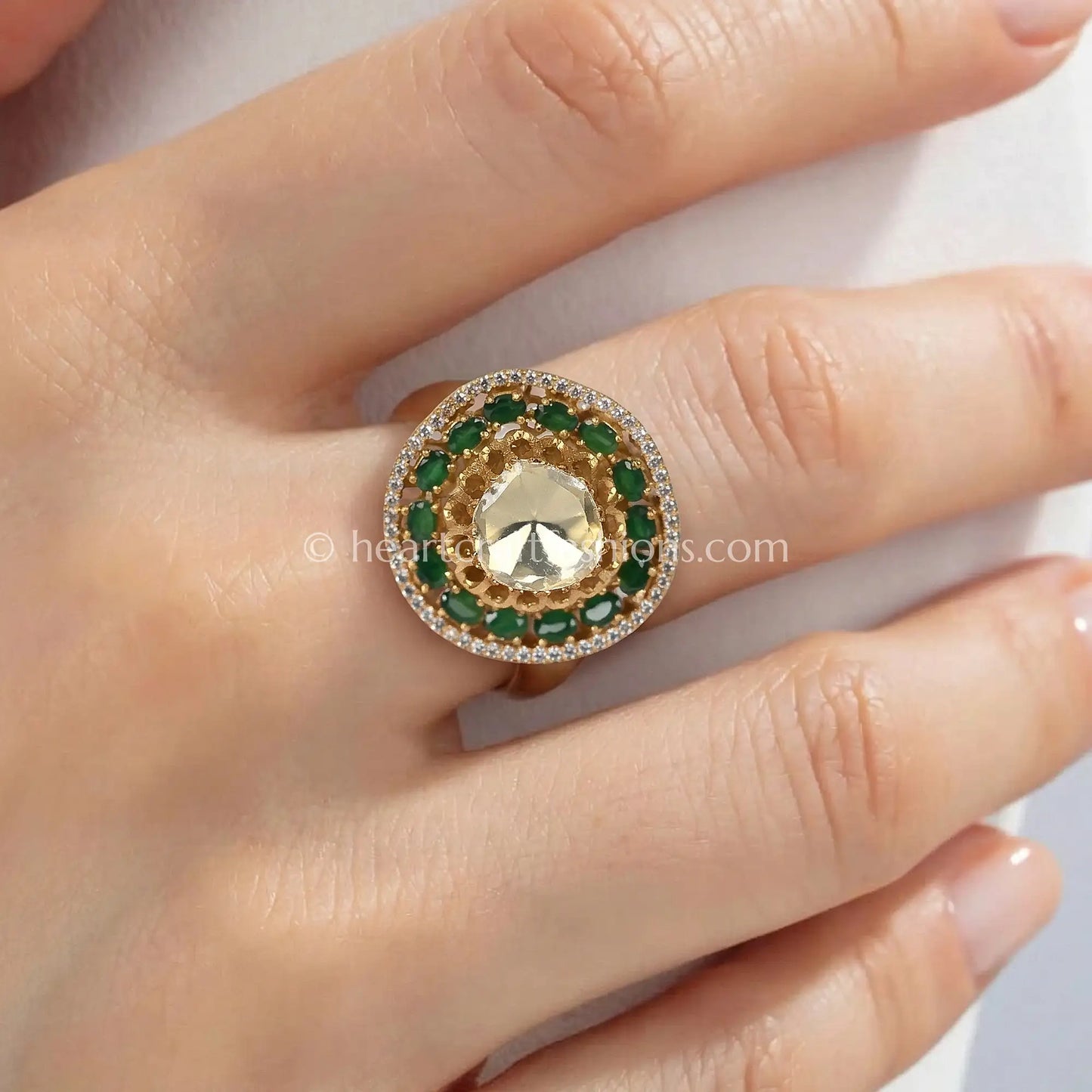 Emerald Halo crown Moissanite Polki Ring