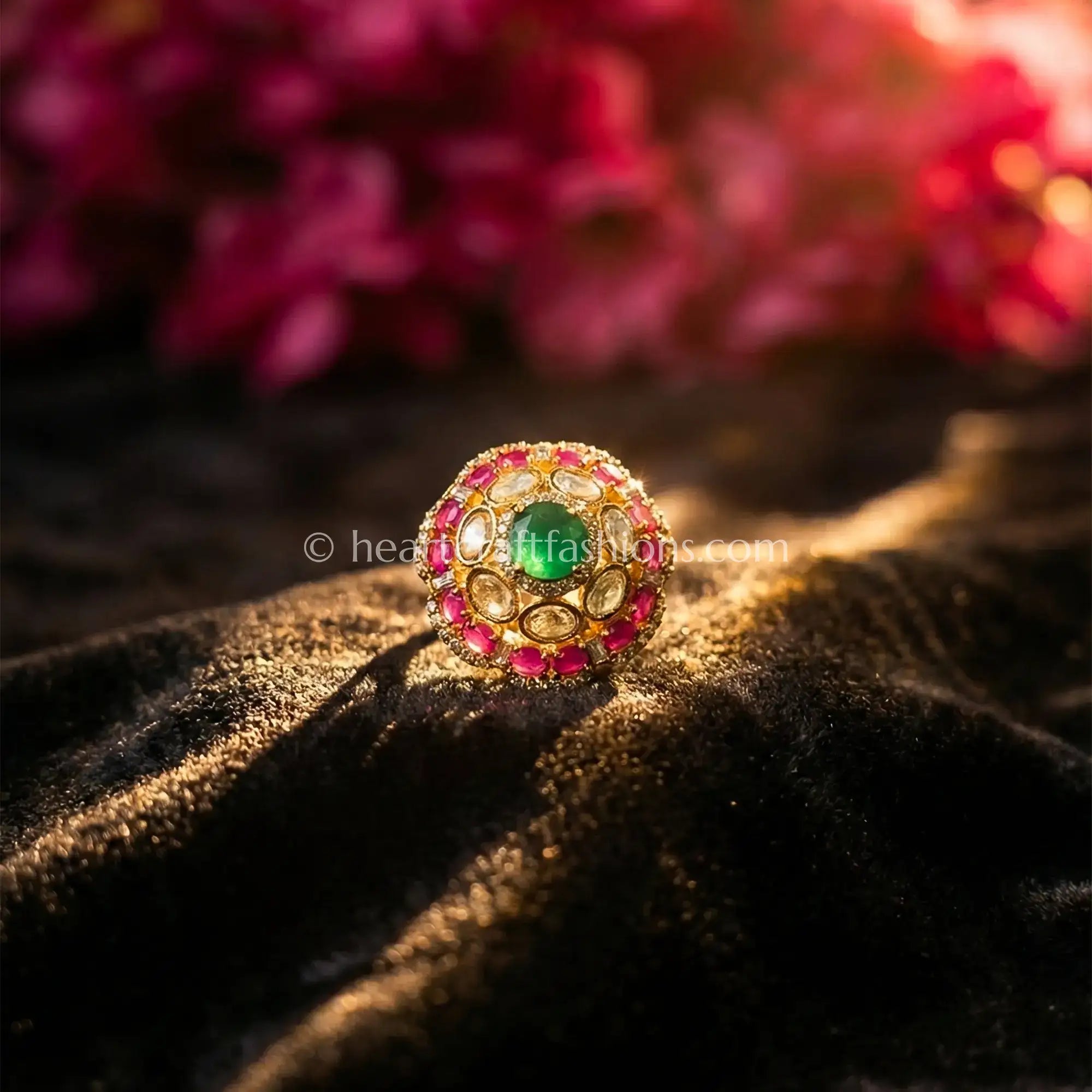 Sunehri Kundan Floral Ring with Green Doublet