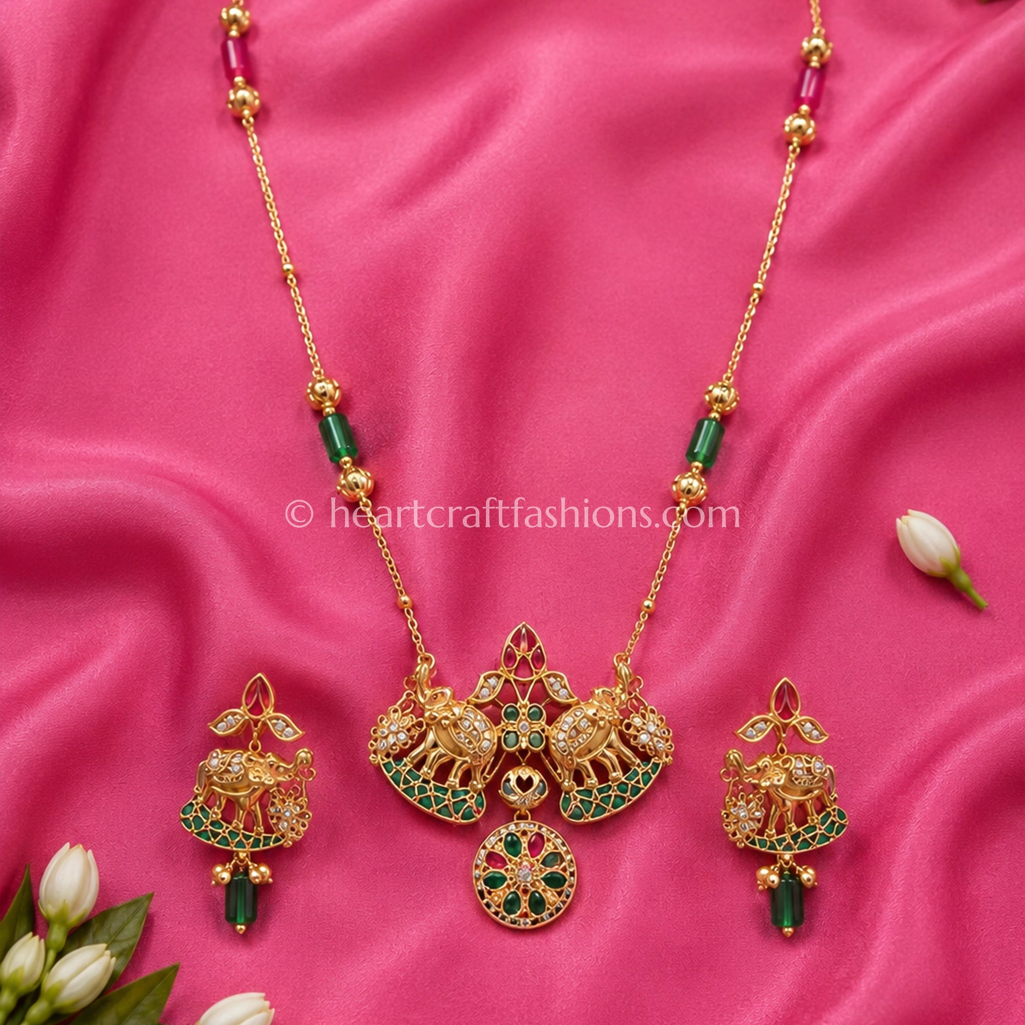 Emerald Ruby Amrapali Elephant Pendant Set