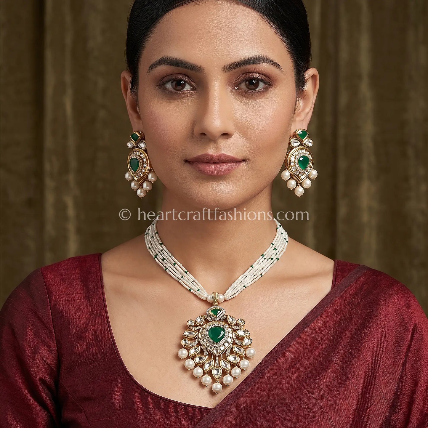 Emerald Sunehri Kundan Pearl Pendant Set