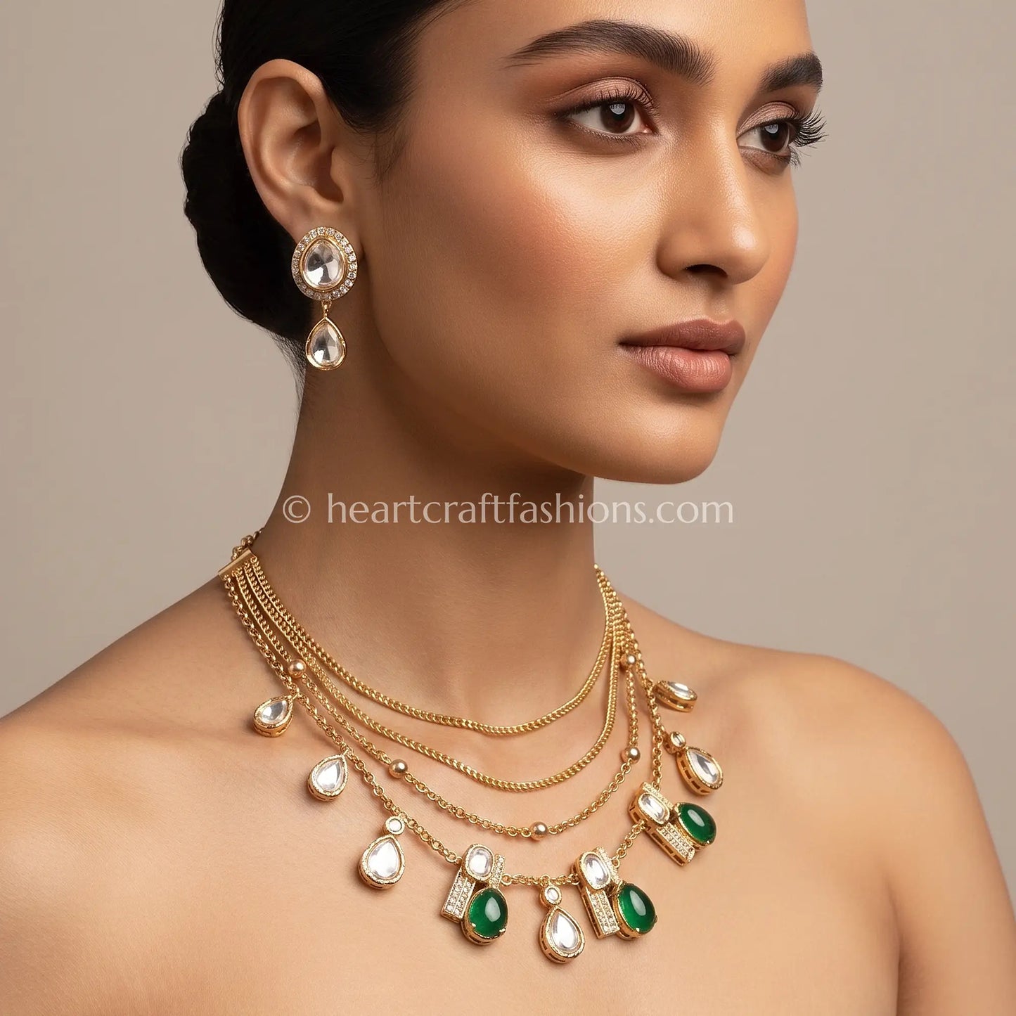 Emerald White Amrapali 5 Layer Doublet Necklace Set