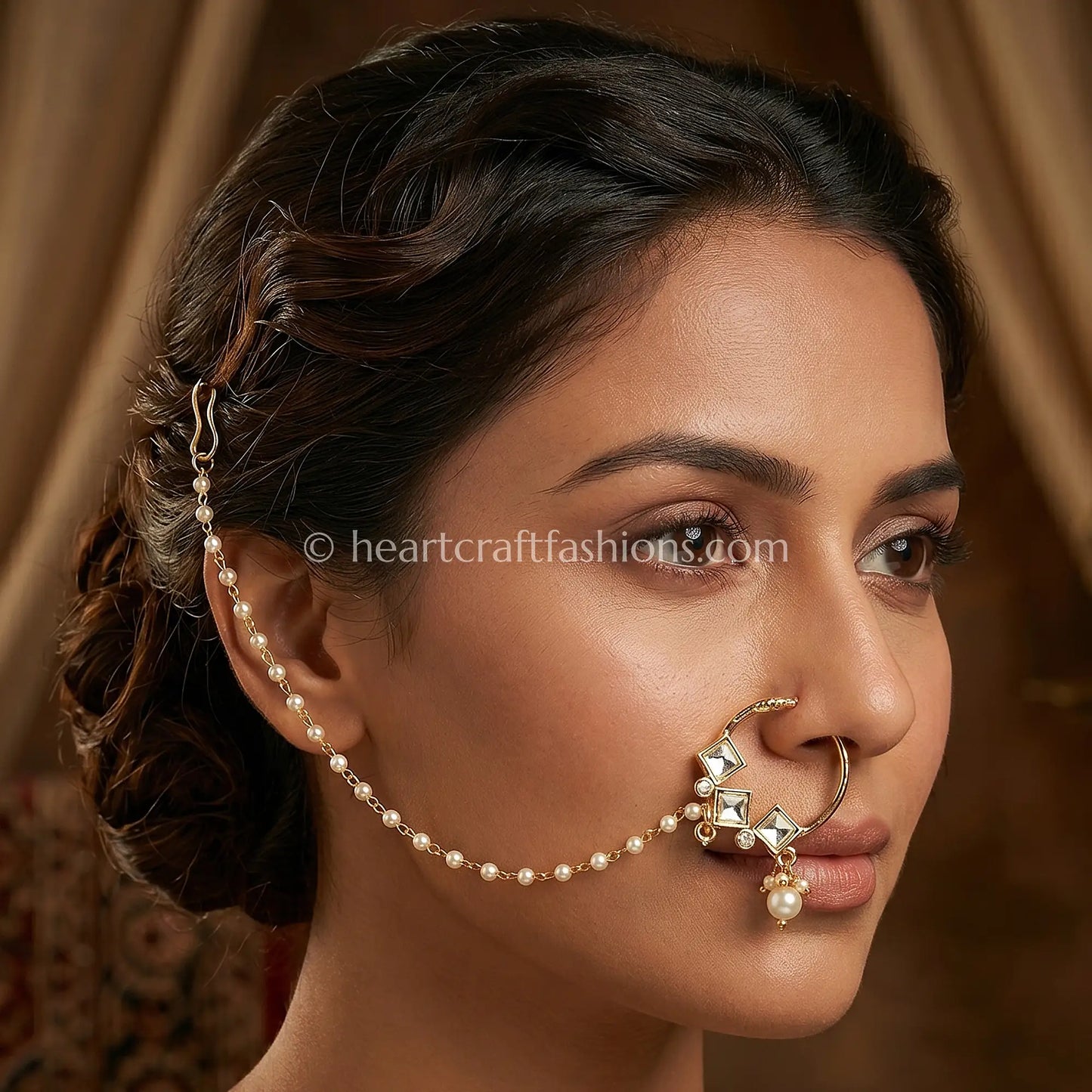 Geometric Square Sunehri Kundan Ring Nath with Chain