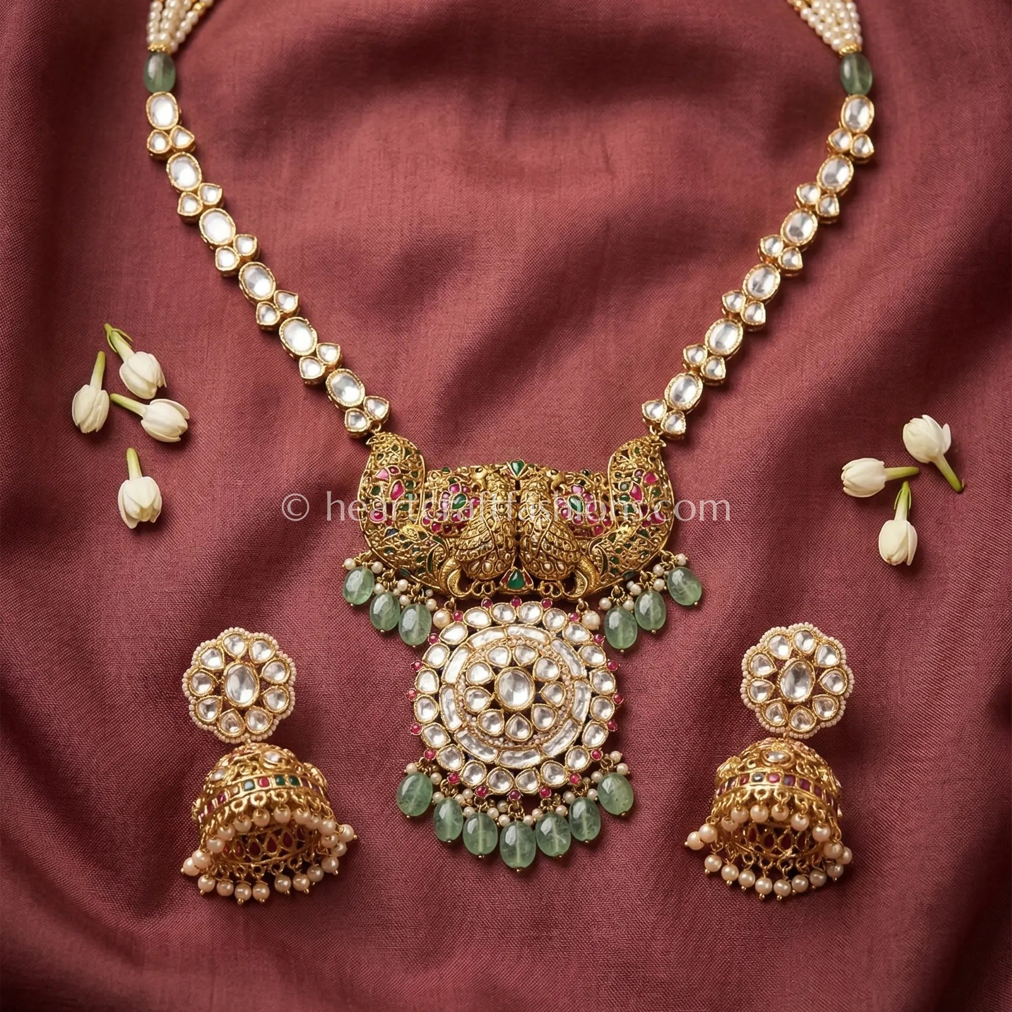 Green Drop Moissanite Rajputana Rani Haar Set