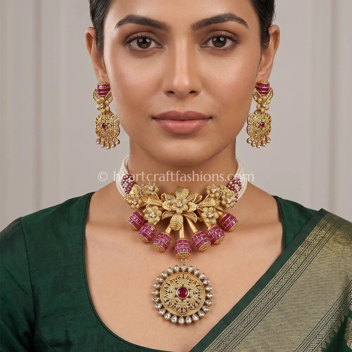Gul Pushp Gold Kundan Pendant Necklace Set