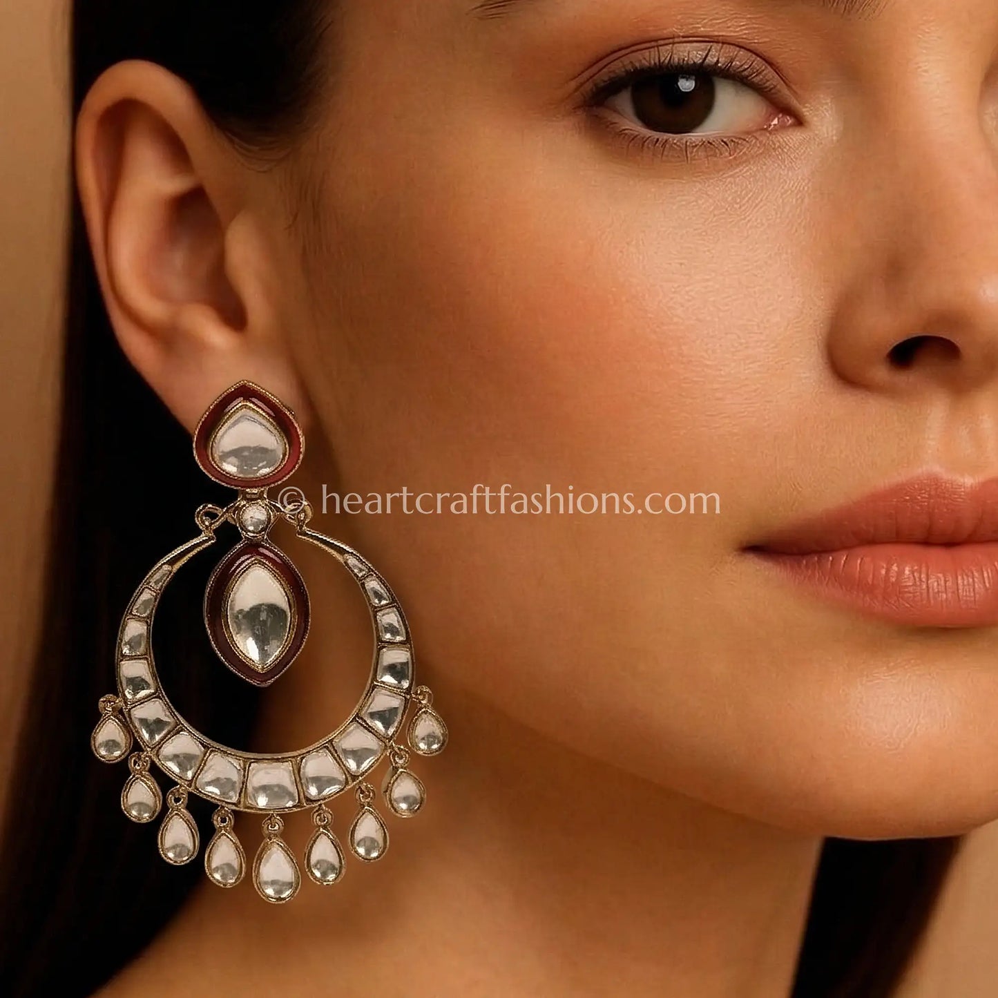 Gulnaar Maroon Polki Kundan Chandbali Earrings