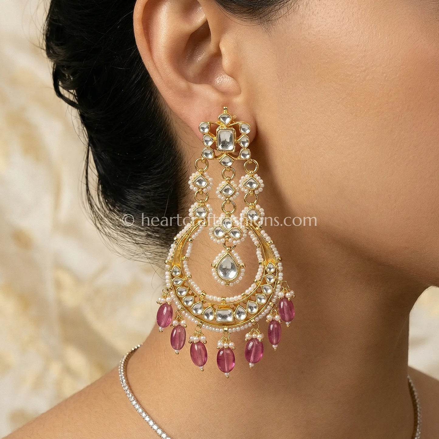 Gulrang Pink Pachi Kundan Chandbali Earrings