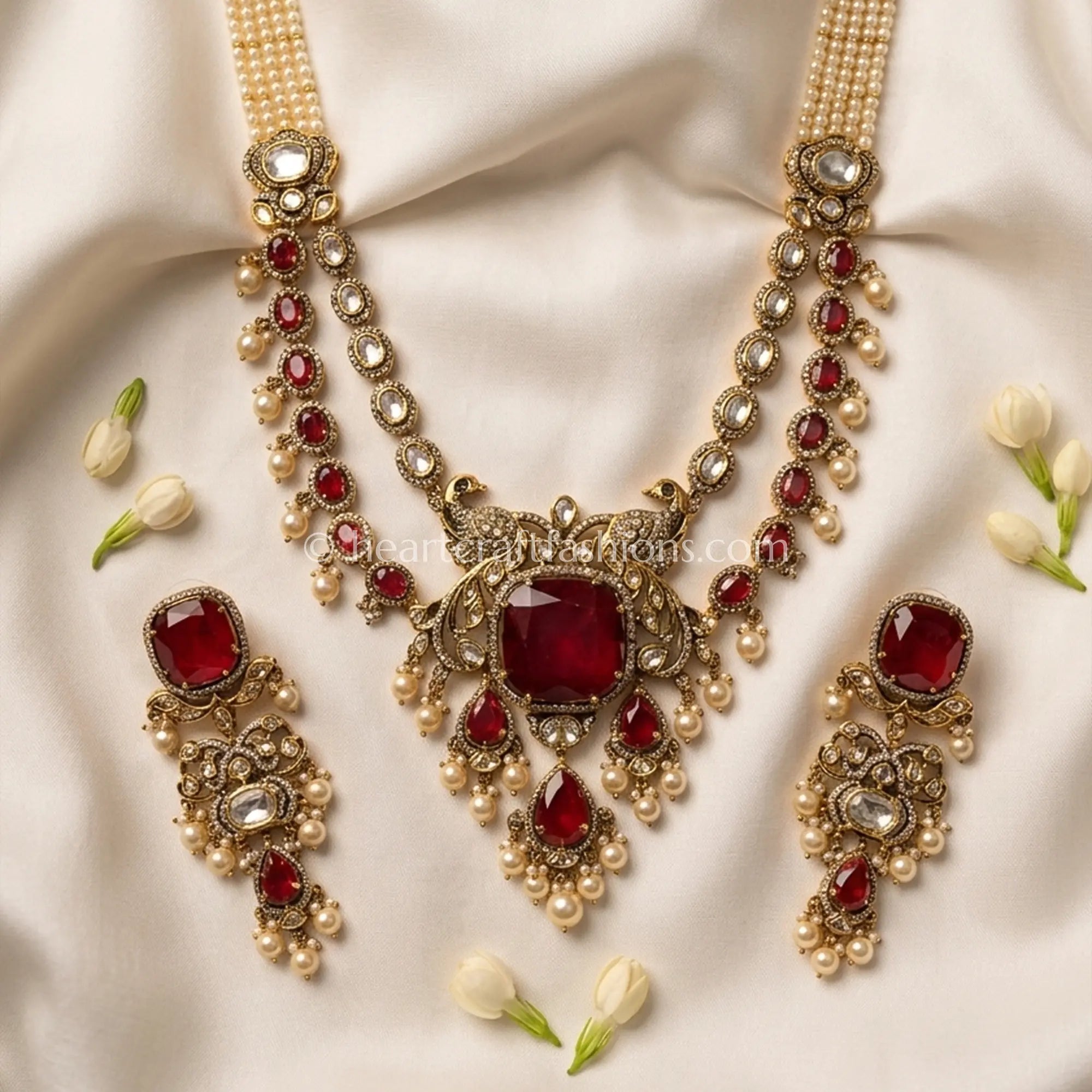 Majestic Sunehri Kundan Ruby Red Doublet Peacock Statement Necklace Set