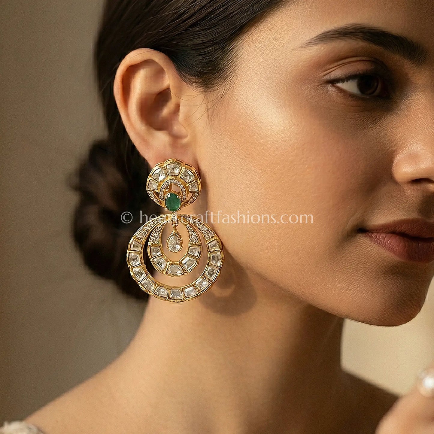 Meher Emerald Pachi Kundan Chandbali Earrings